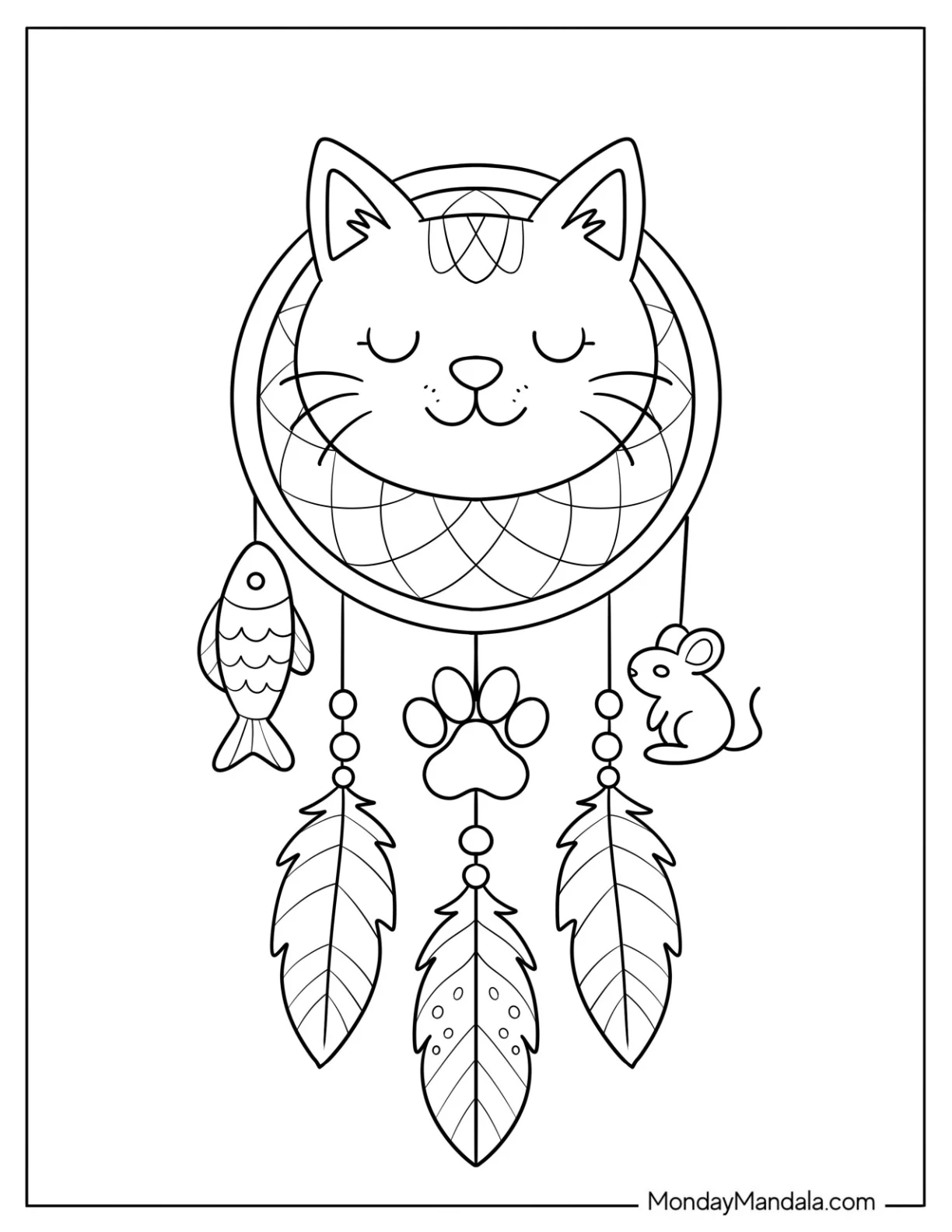Cat Coloring Page Dreamcatcher with Feathers, Fish, and Mouse Charm for Kids coloring page — printable line art