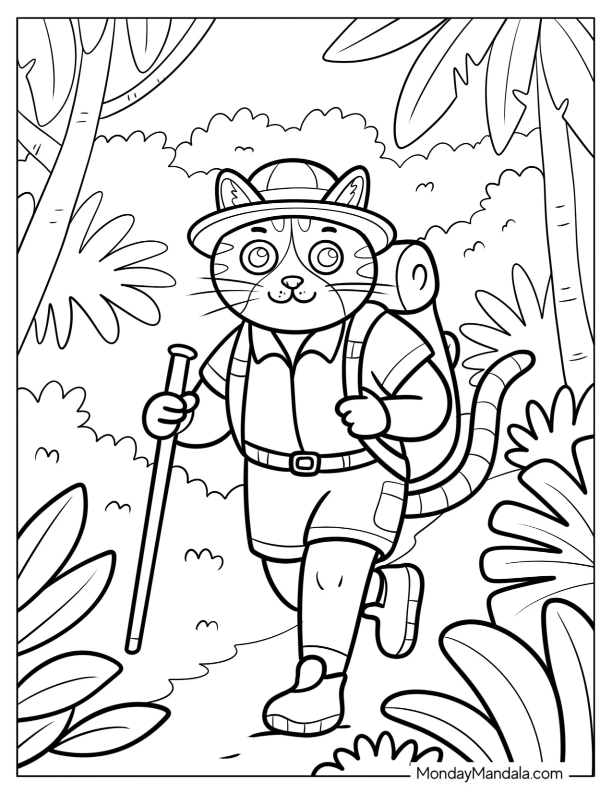 Cat Coloring Page in Hiking Uniform and Backpack Inside the Jungle coloring page