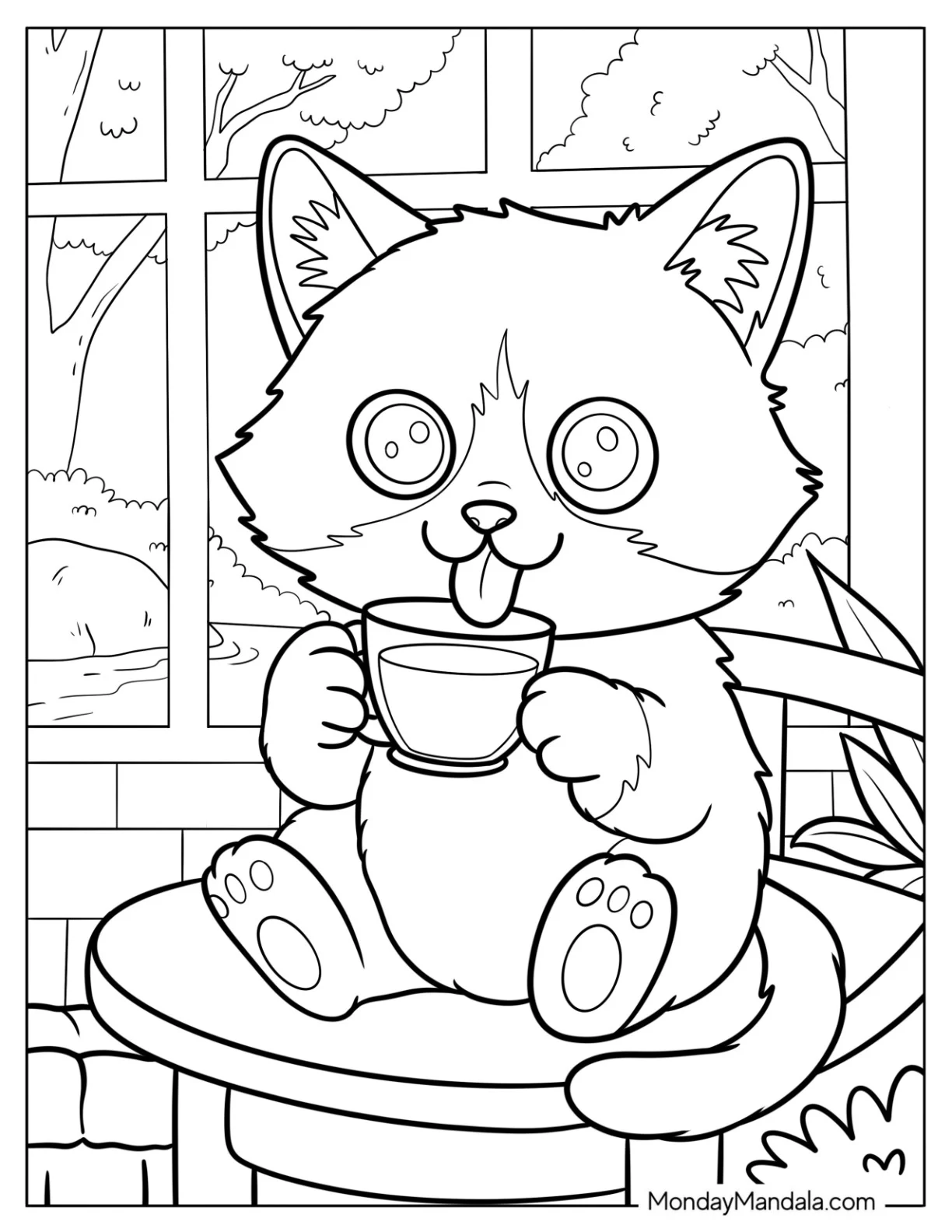 Cat Coloring Page Licking Water from a Cup Next to Scenic Window View for Kids coloring page