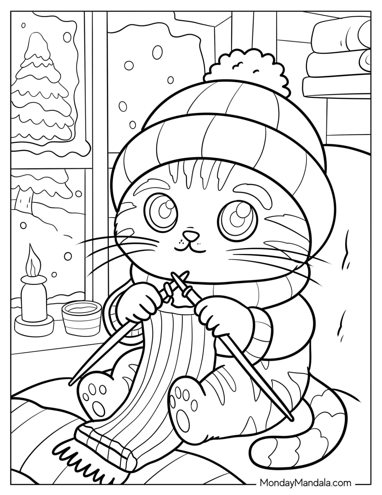 Cat Coloring Page with Beanie Knitting on a Chair by the Window in Winter coloring page