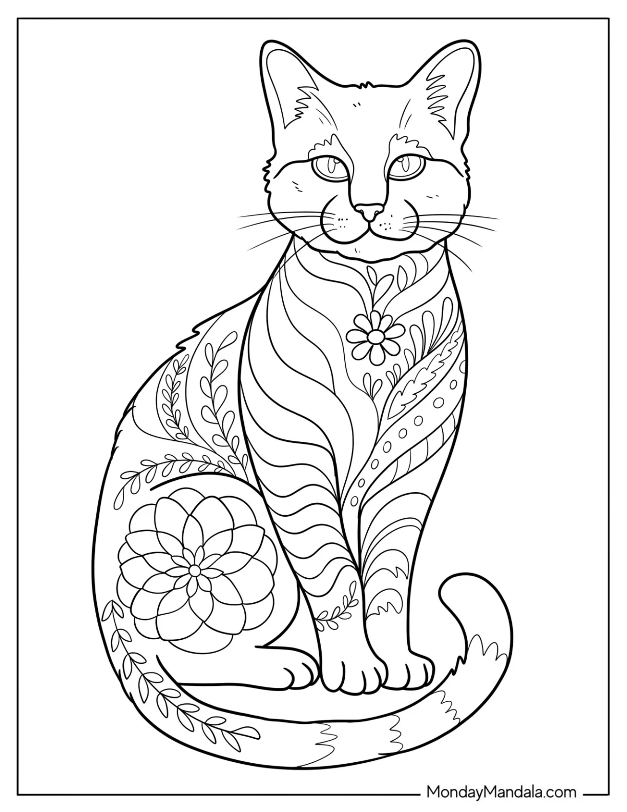 Cat Coloring Page with Floral Swirls and Petal Patterns coloring page — printable line art