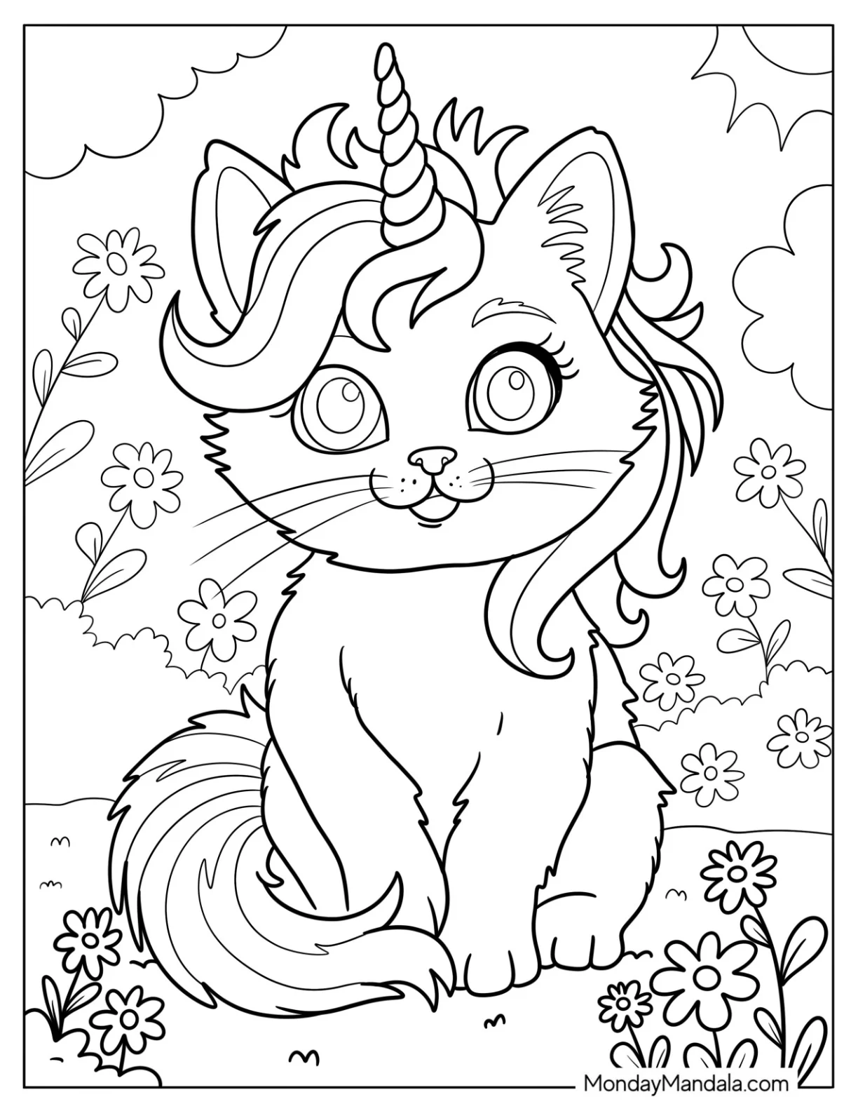Cat Coloring Page with Unicorn Horn Sitting Among Flowers coloring page — printable line art