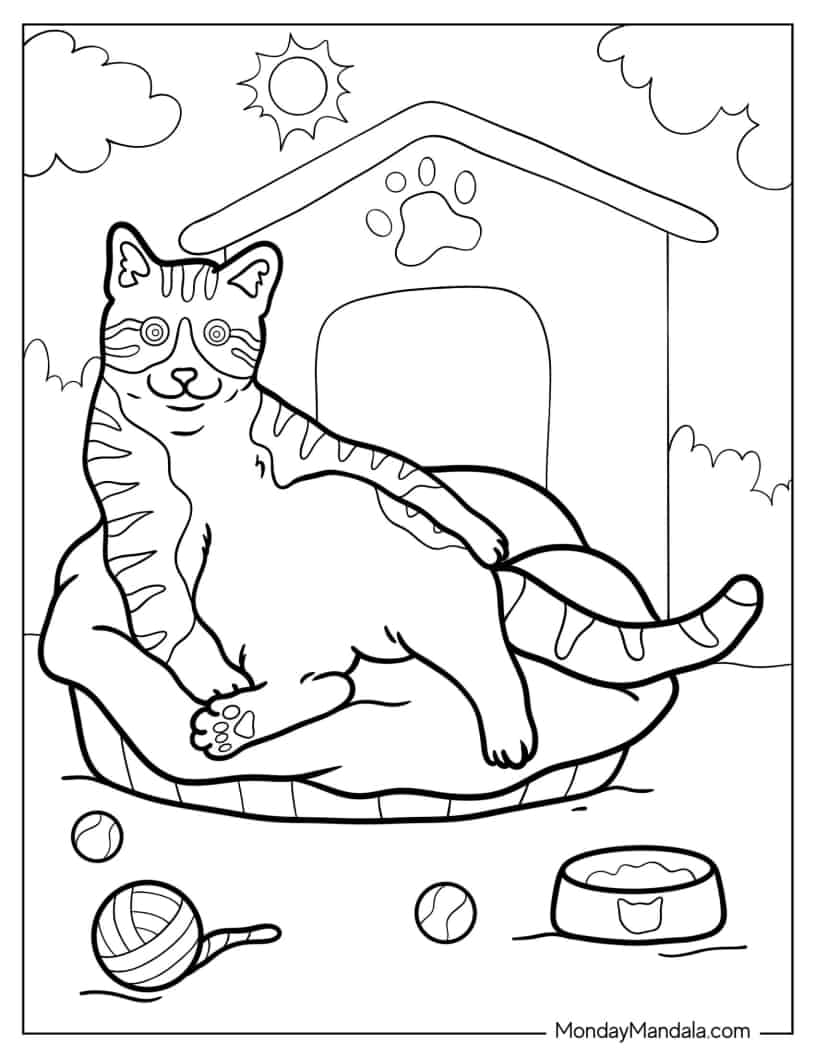 Cat Lying On Bed Coloring Sheet coloring page
