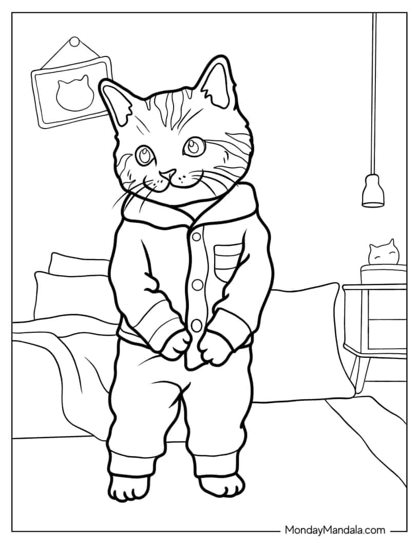 Cat With Clothes Standing Up coloring page — printable line art
