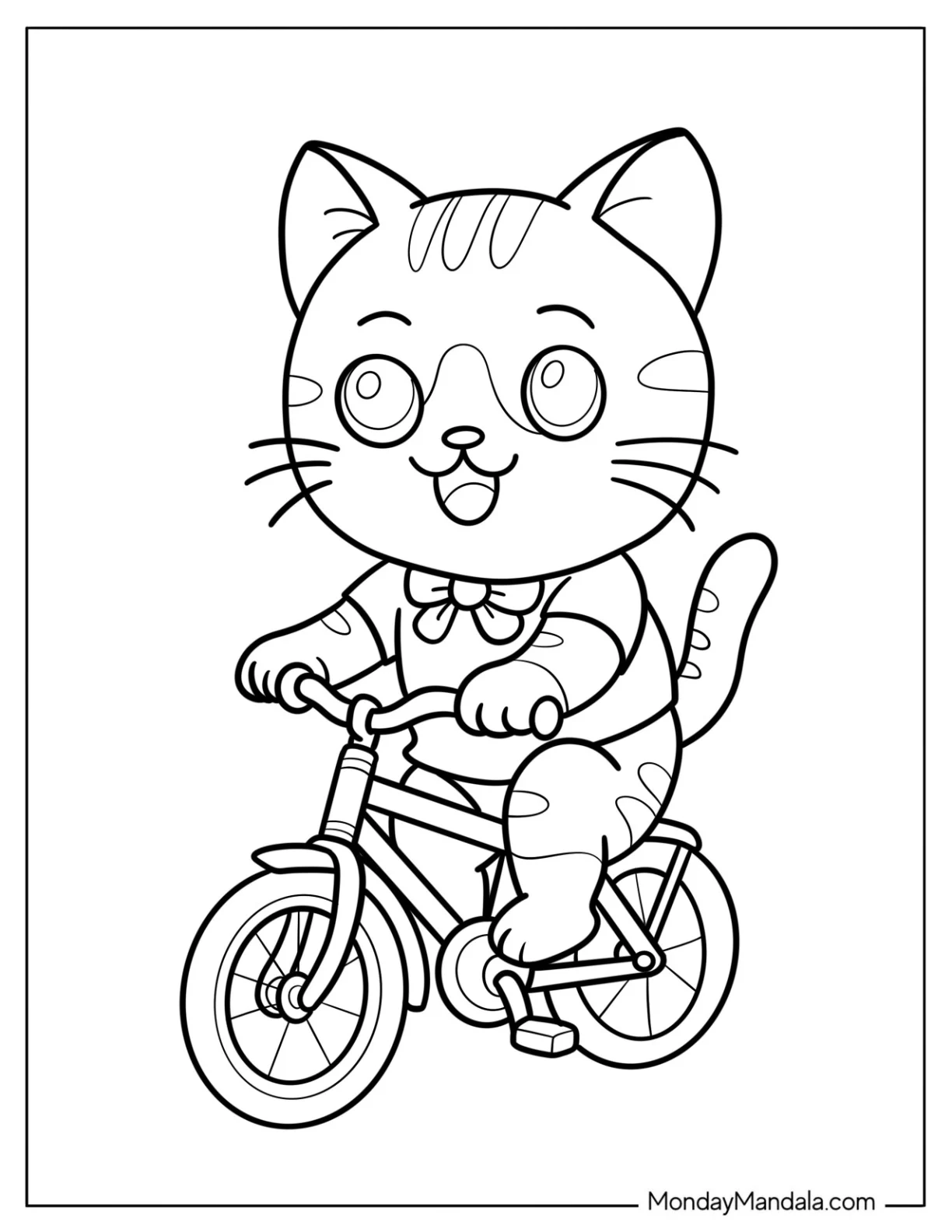 Cat with Shirt and Bowtie Riding a Bicycle Coloring Sheet coloring page