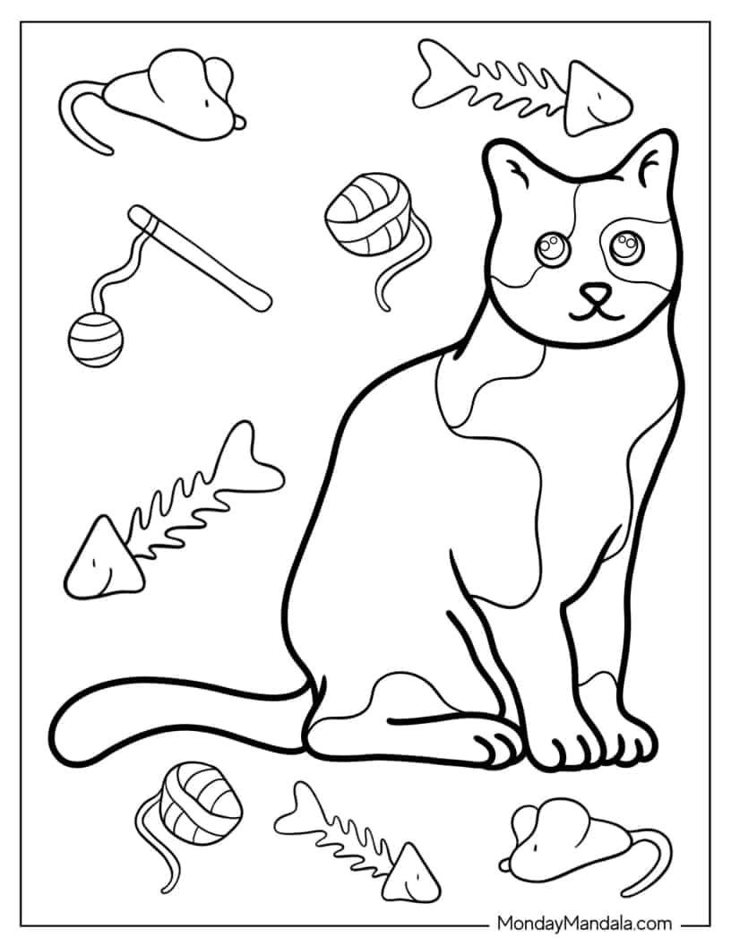 Cat With Toys And Food Coloring In coloring page — printable line art
