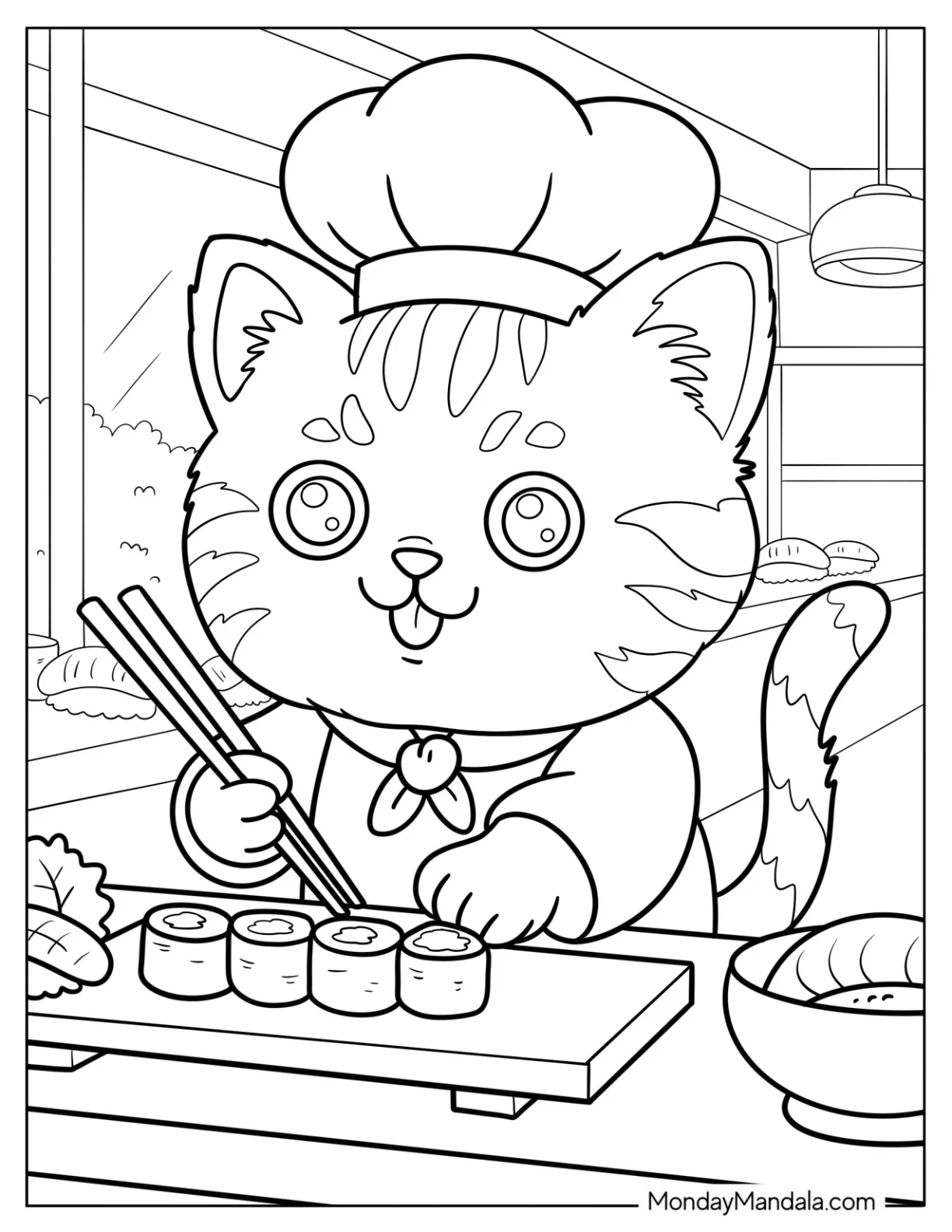 Chef Cat Coloring Page Making Sushi with Chopsticks for Kids coloring page