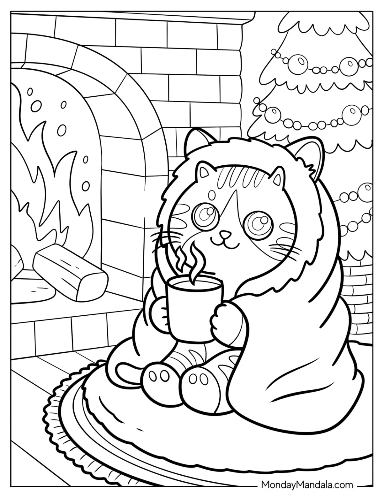 Christmas Cat Coloring Page Wrapped in a Wool Blanket with a Hot Drink Next to Fireplace coloring page — printable line art