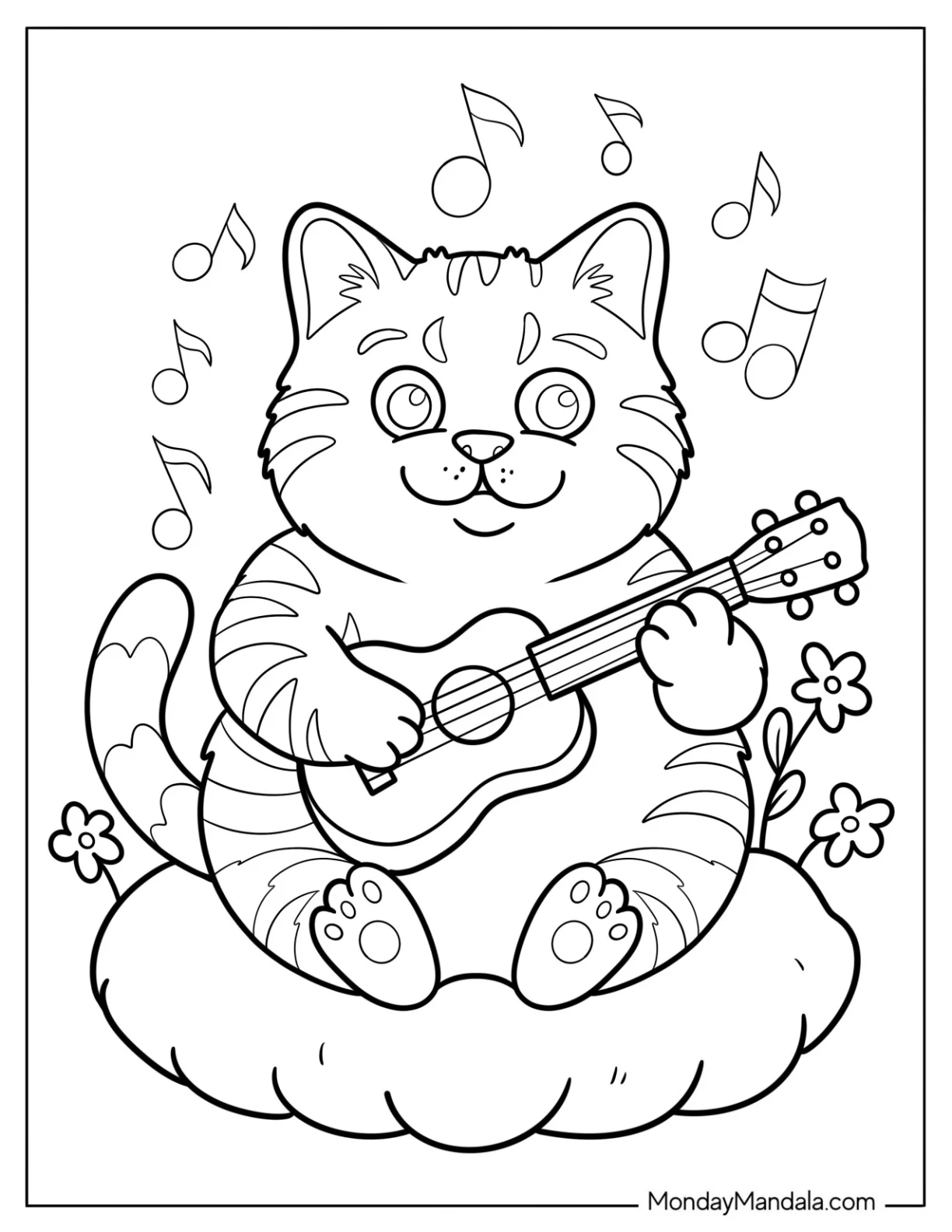 Chubby Cat Coloring Page Playing the Guitar with Flowers and Musical Notes for Kids coloring page — printable line art