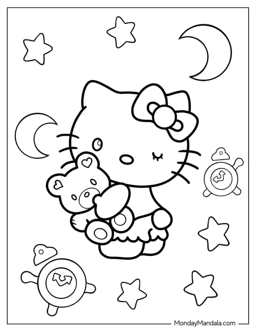 Coloring Page Of Hello Kitty Hugging Teddy Bear coloring page