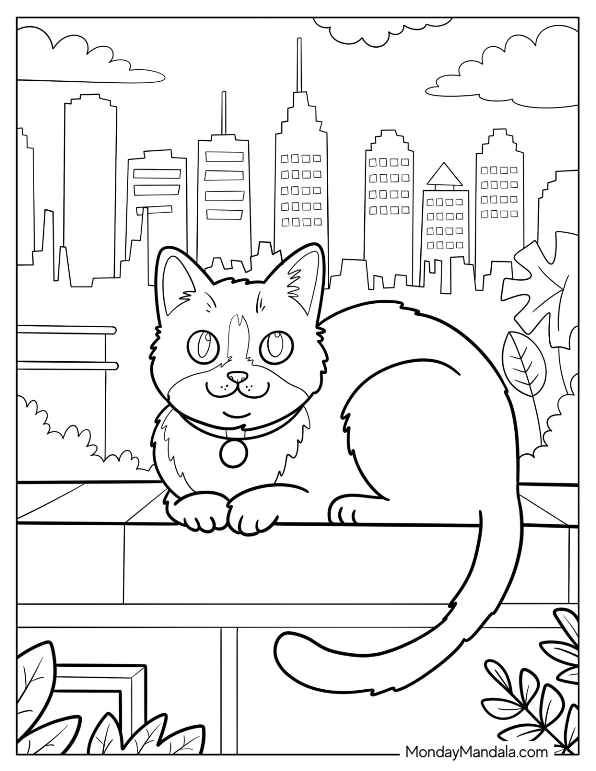 Curious Cat Coloring Page Sitting on a Rooftop with City Skyline coloring page