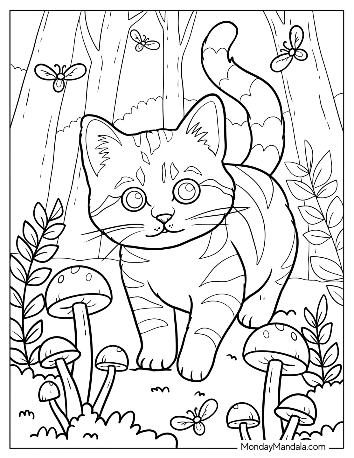 Curious Cat Coloring Page Sniffing Mushrooms in the Forest coloring page — printable line art