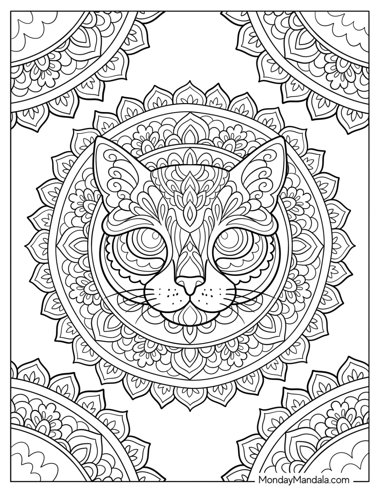 Detailed Cat Mandala with Ornate Patterns for Adults coloring page — printable line art