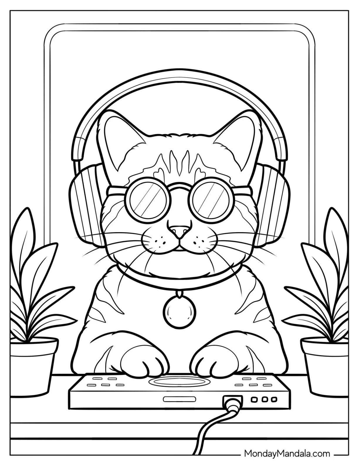 DJ Cat Coloring Page Wearing Sunglasses and Headphones coloring page — printable line art