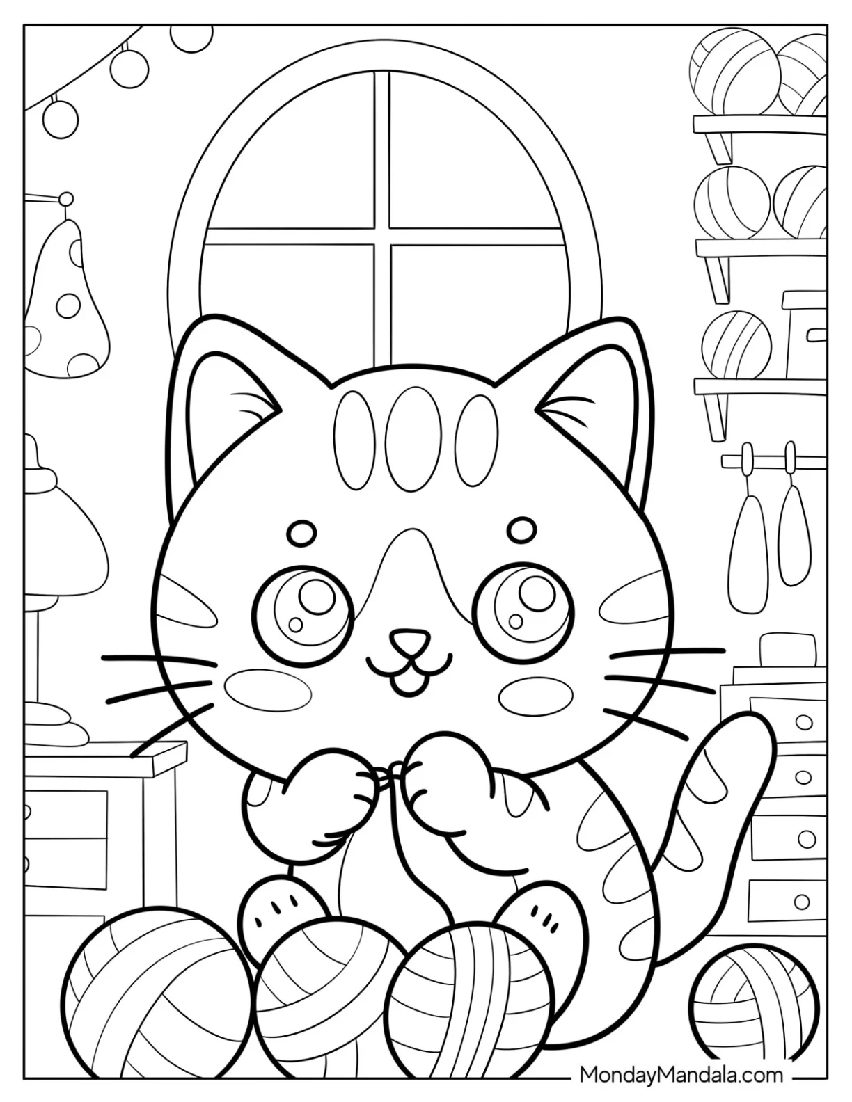 Easy Striped Cat Coloring Page Playing with Balls of Yarn for Kids coloring page