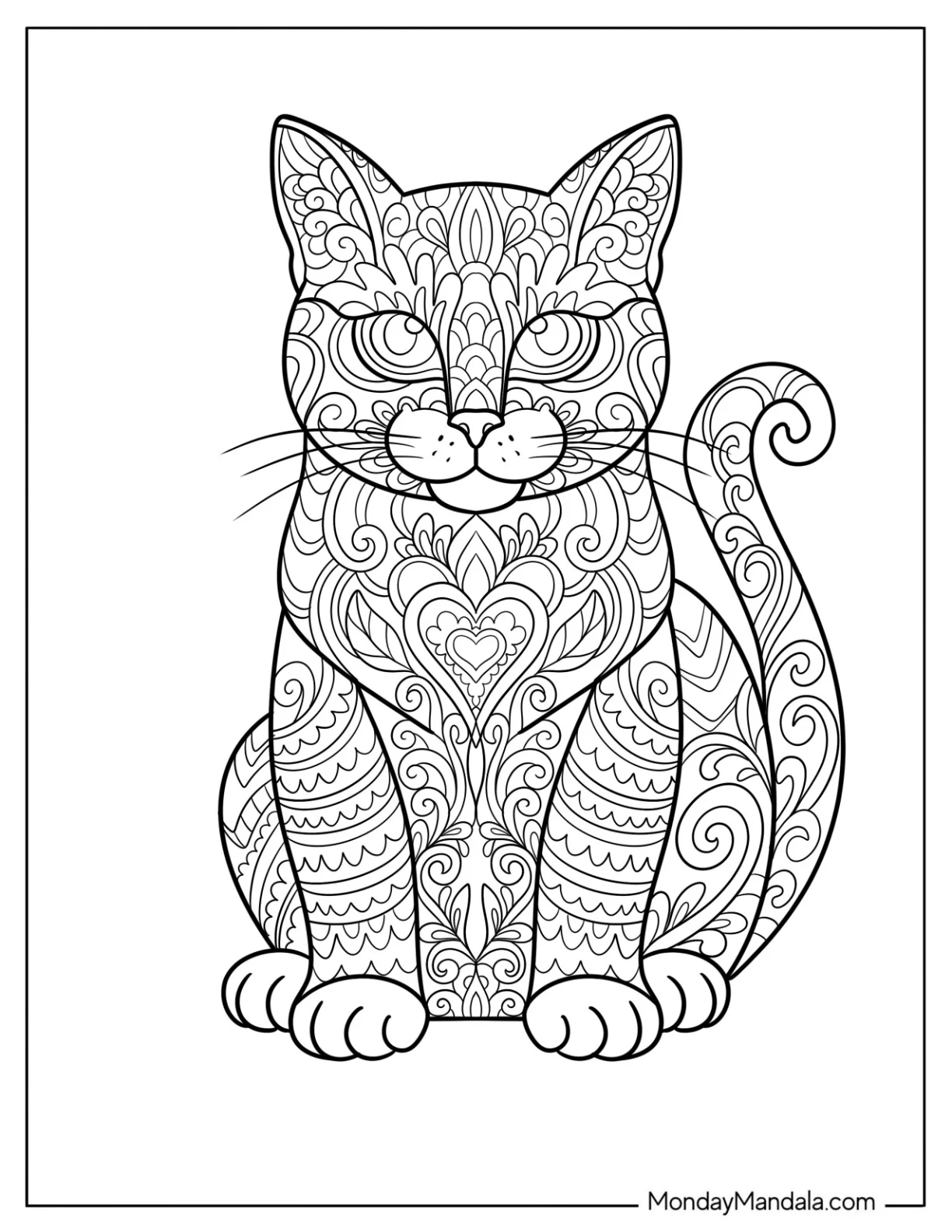 Elegant Cat Coloring Page Sitting Upright with Decorative Ornamental Mandala coloring page — printable line art