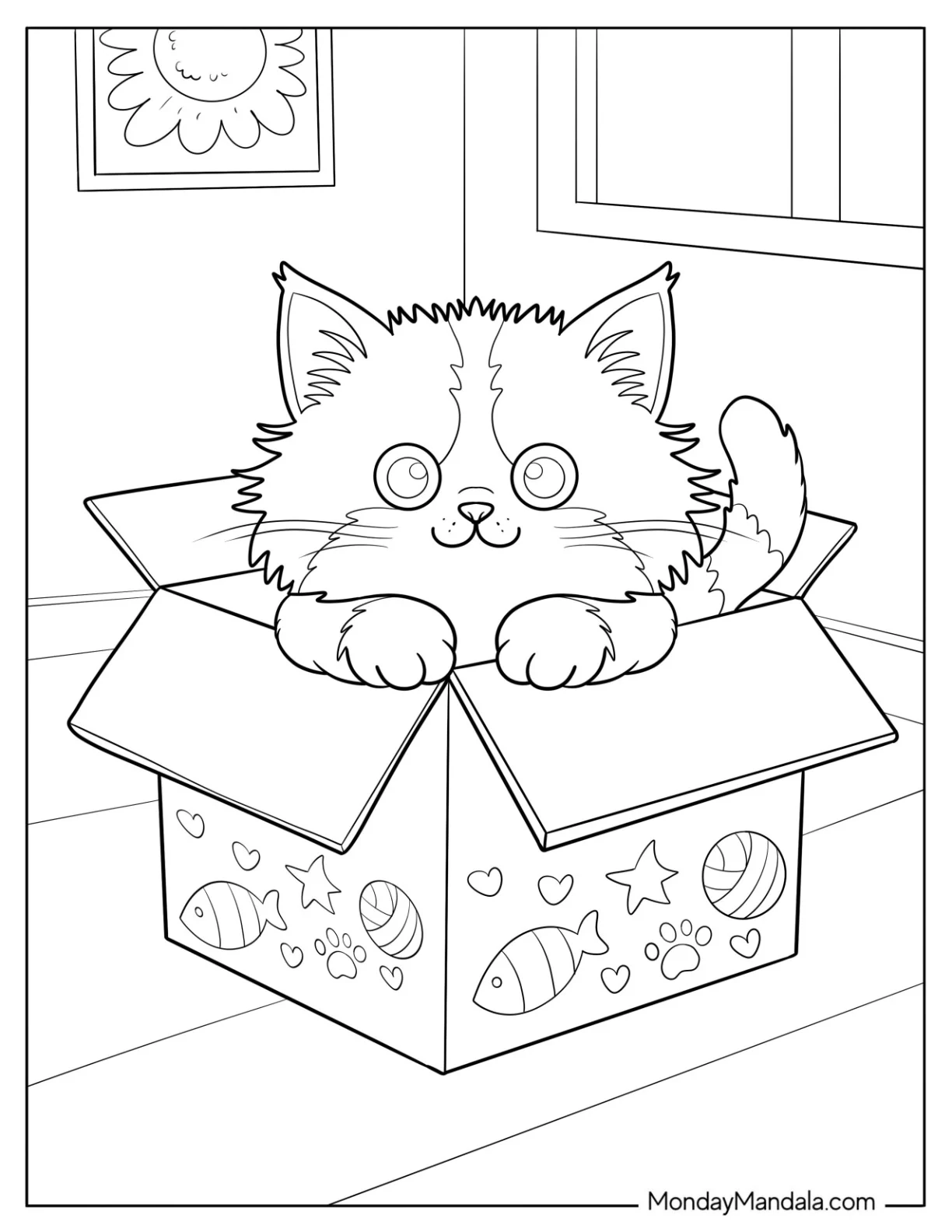 Fluffy Cat Coloring Page Peeking Out of a Decorated Box for Kids coloring page