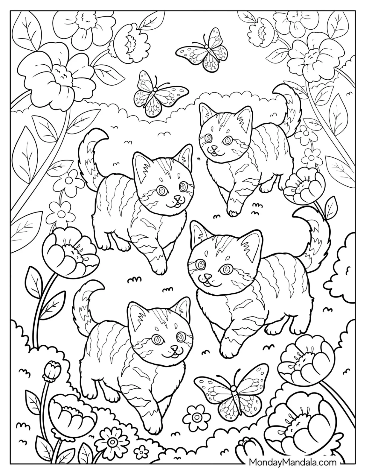 Four Baby Cat Coloring Page Playing in a Flower Garden coloring page
