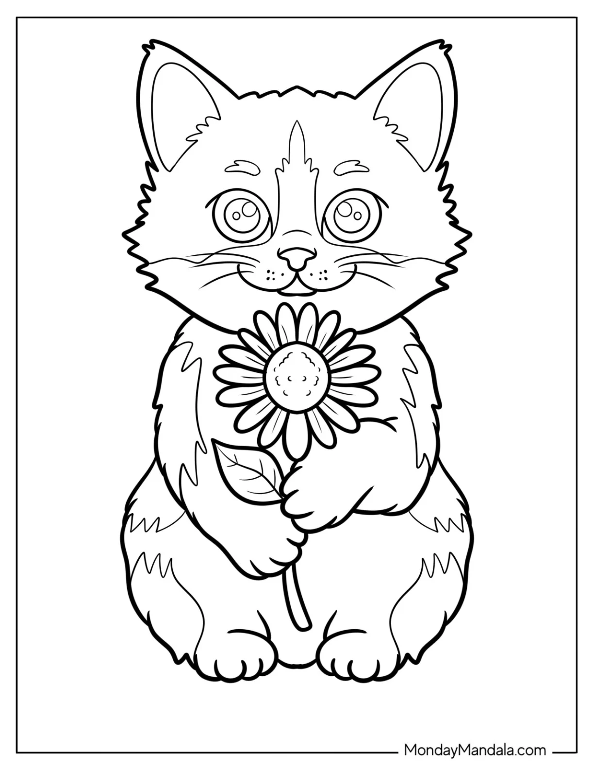 Furry Cat Coloring Page Holding a Flower for Preschoolers coloring page — printable line art