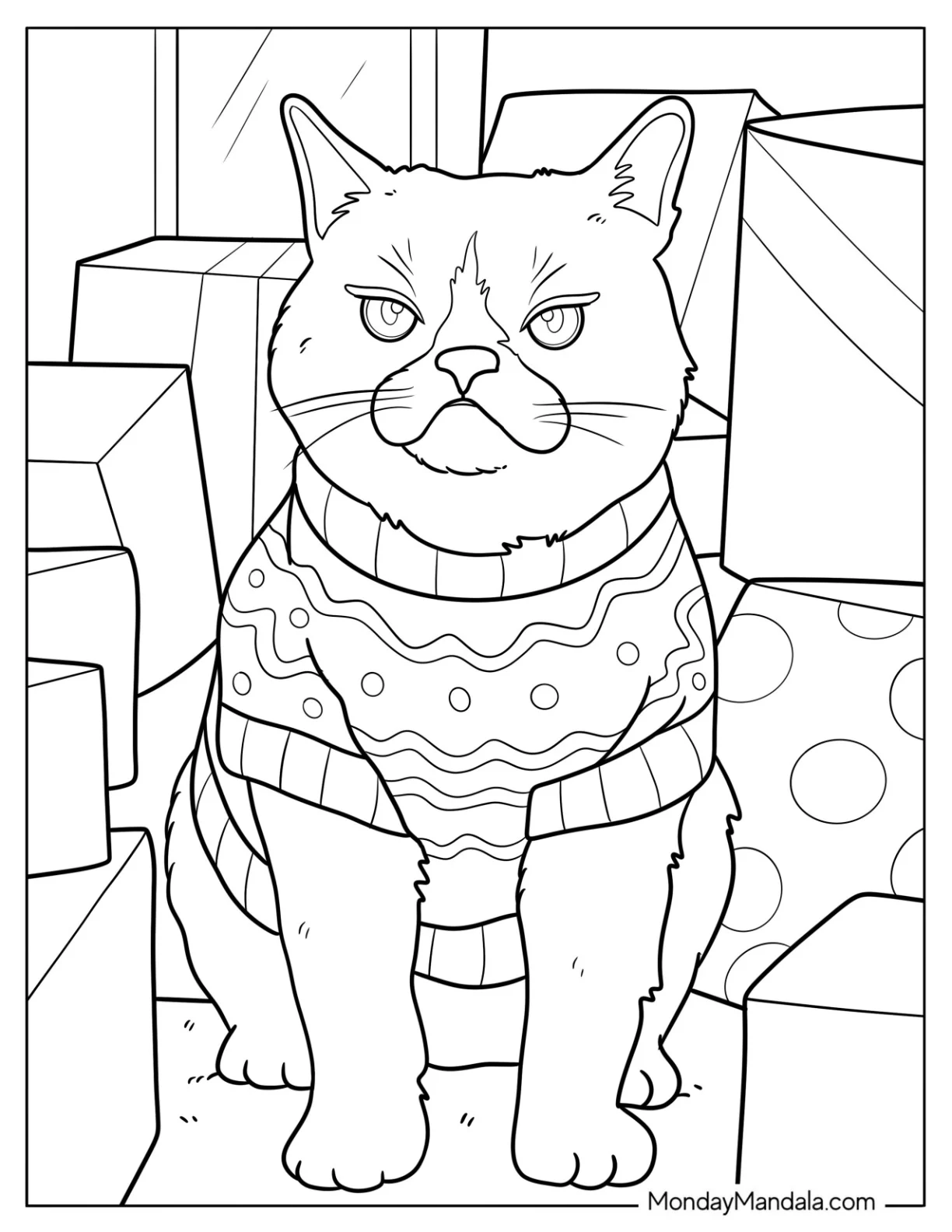Grumpy Cat Coloring Page in Festive Sweater Sitting Among Christmas Presents Coloring Page coloring page — printable line art