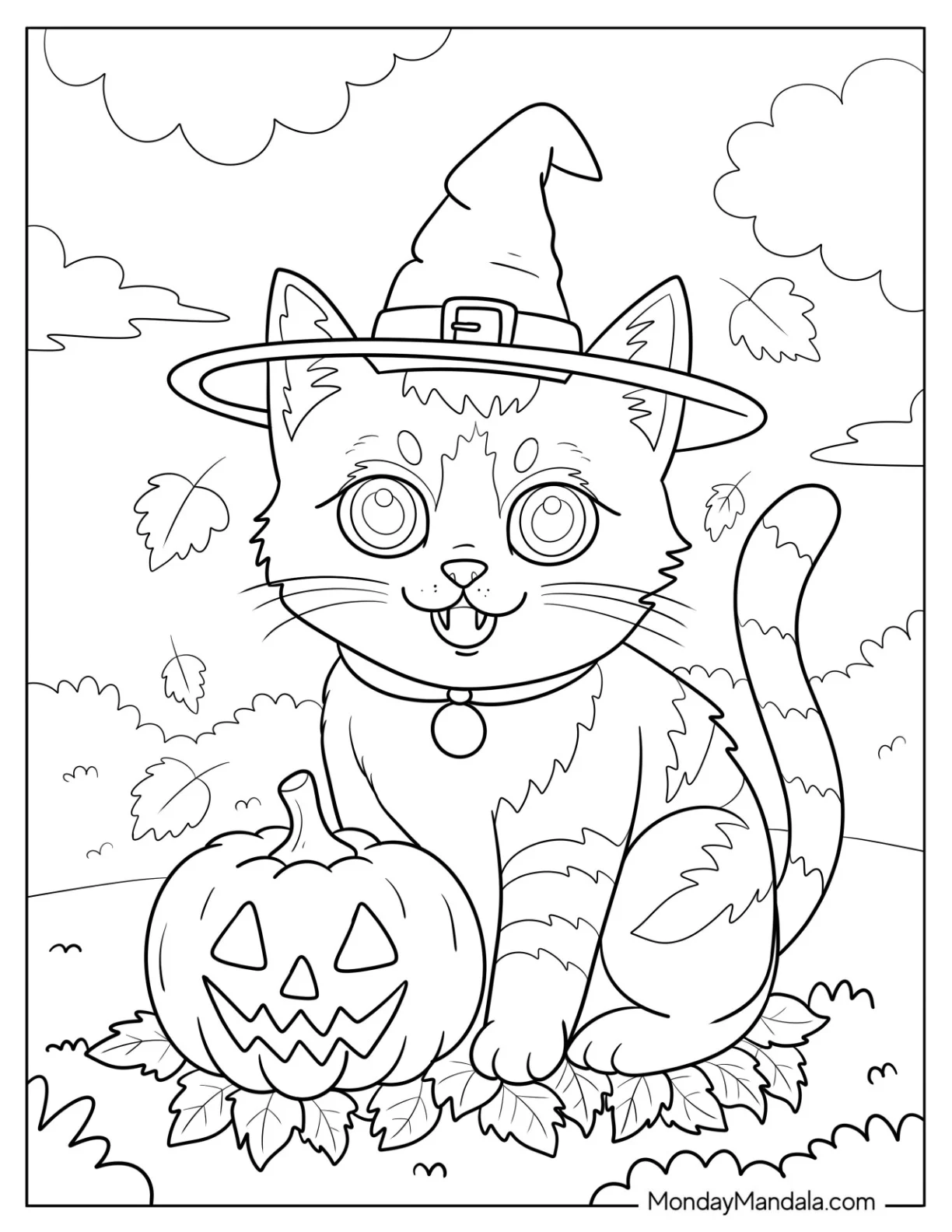 Halloween Cat Coloring Page Wearing Witch Hat with Jack o’ Lantern for Kids coloring page — printable line art