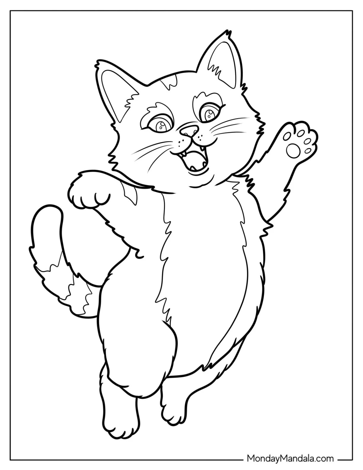 Happy Cat Coloring Page Dancing with Paws Up for Kids coloring page — printable line art