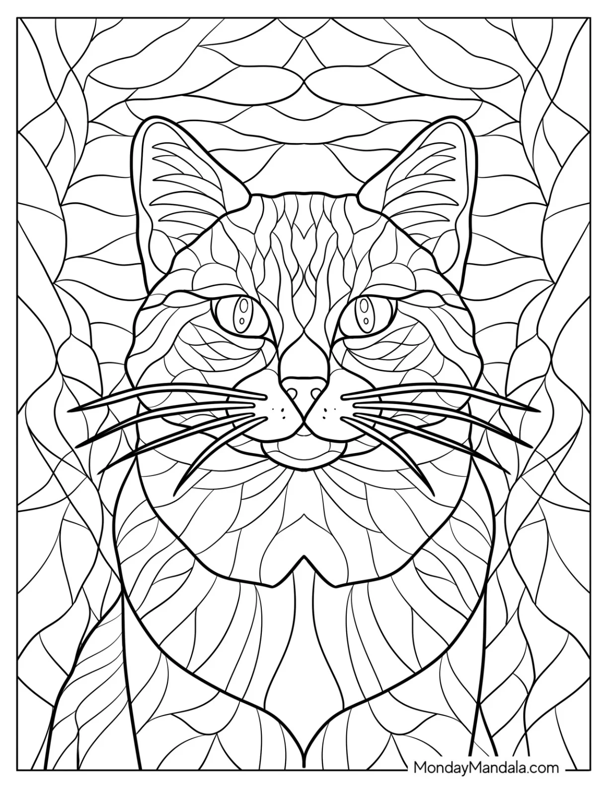 Intricate Stained Glass Cat Coloring Page Portrait with Bold Whiskers coloring page — printable line art