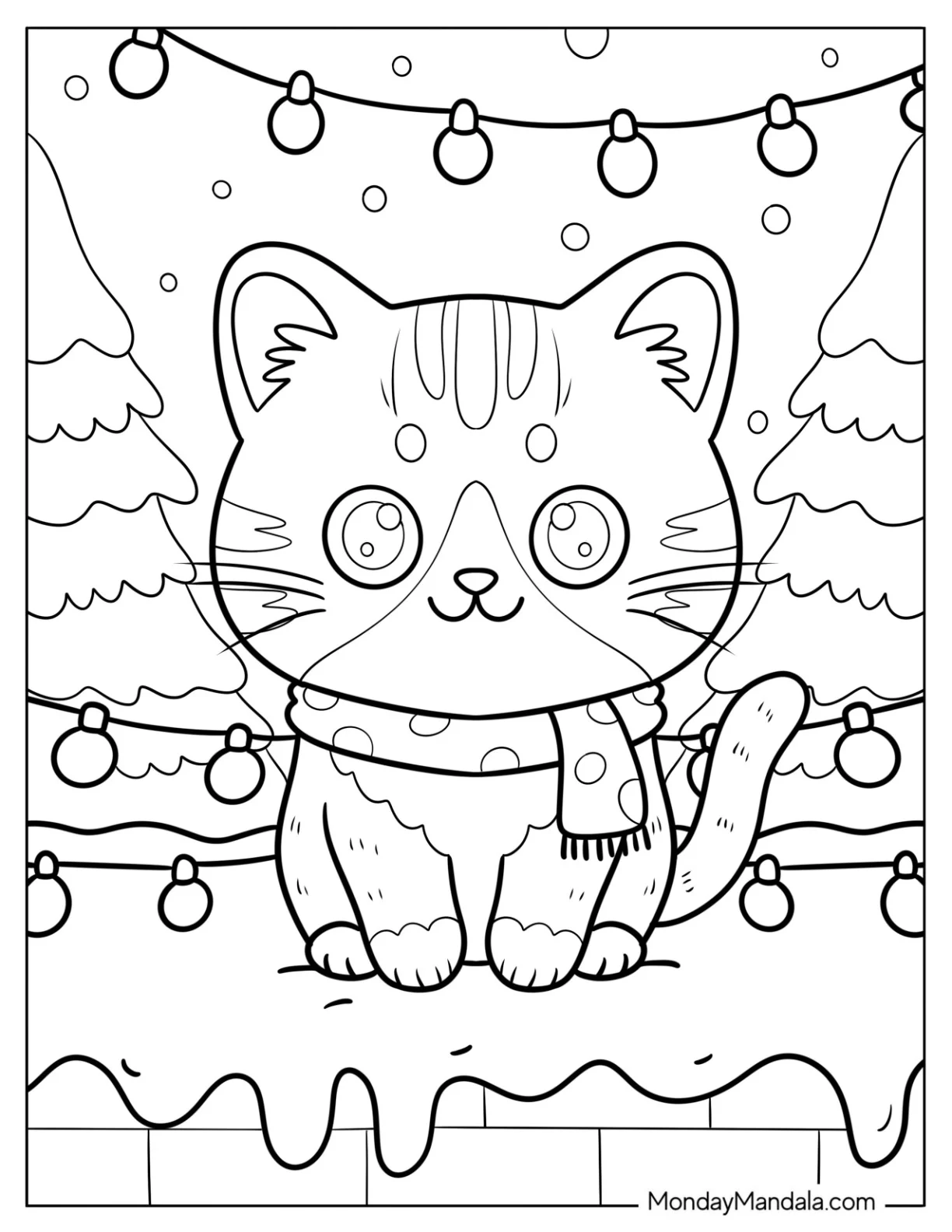 Kawaii Cat Coloring Page in Scarf Sitting Under Fairy Lights in Winter coloring page