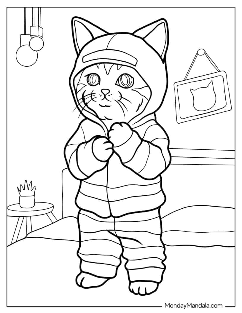 Kitten Wearing Pants And Hooded Jacket coloring page — printable line art