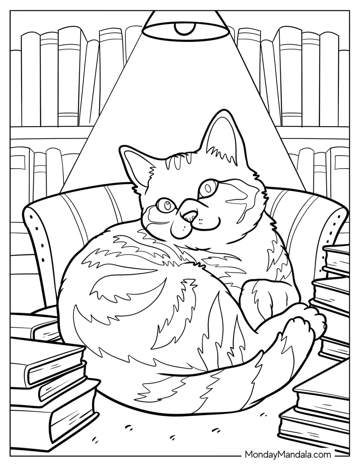 Large Cat Coloring Page Curled Up Next to Books in a Library coloring page — printable line art