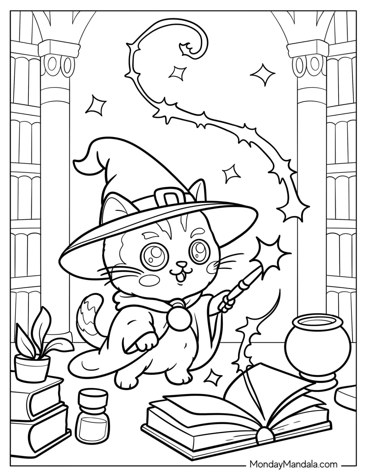 Magical Cat Coloring Page with Witch Hat Casting a Spell coloring page — printable line art