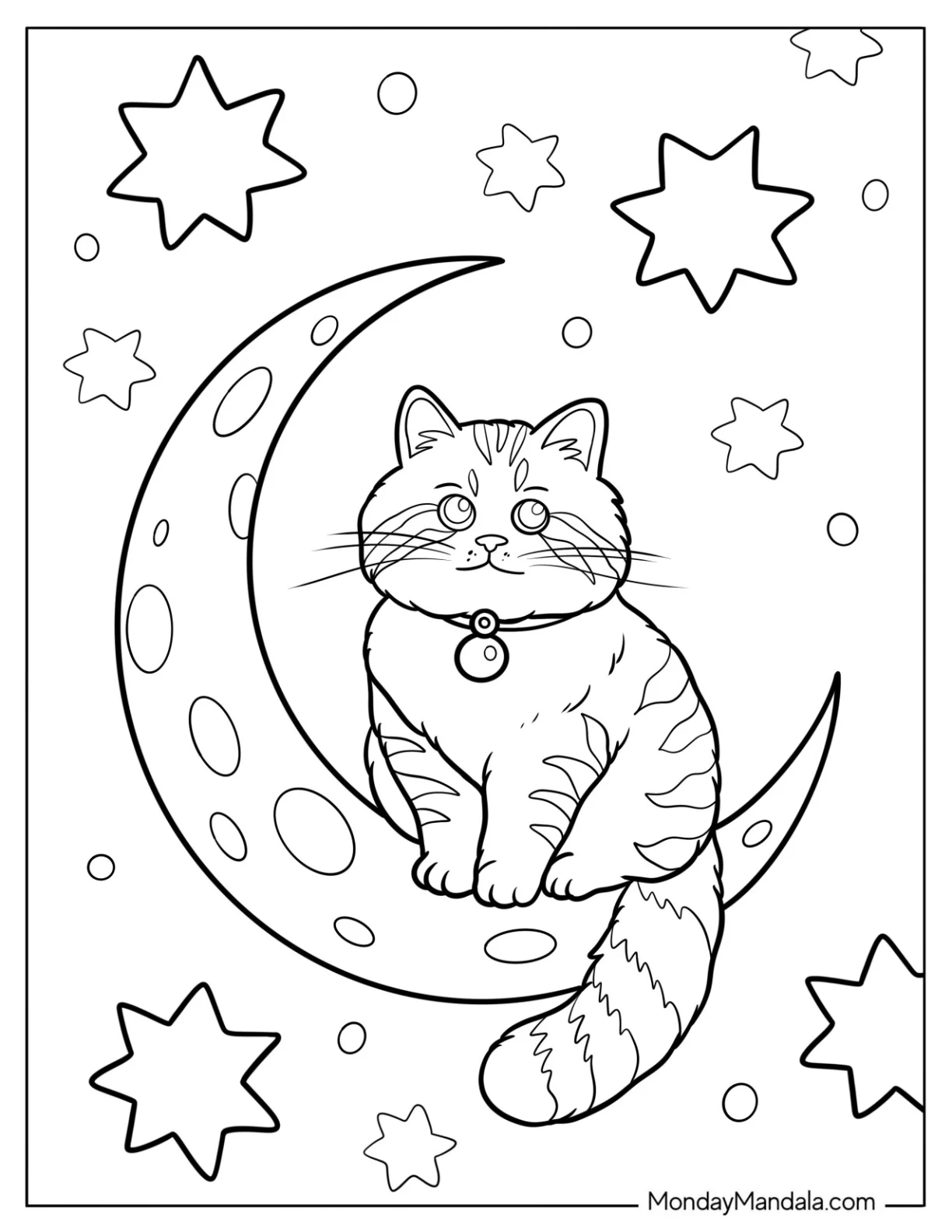 Peaceful Cat Coloring Page Sitting on a Crescent Moon in the Sky coloring page — printable line art