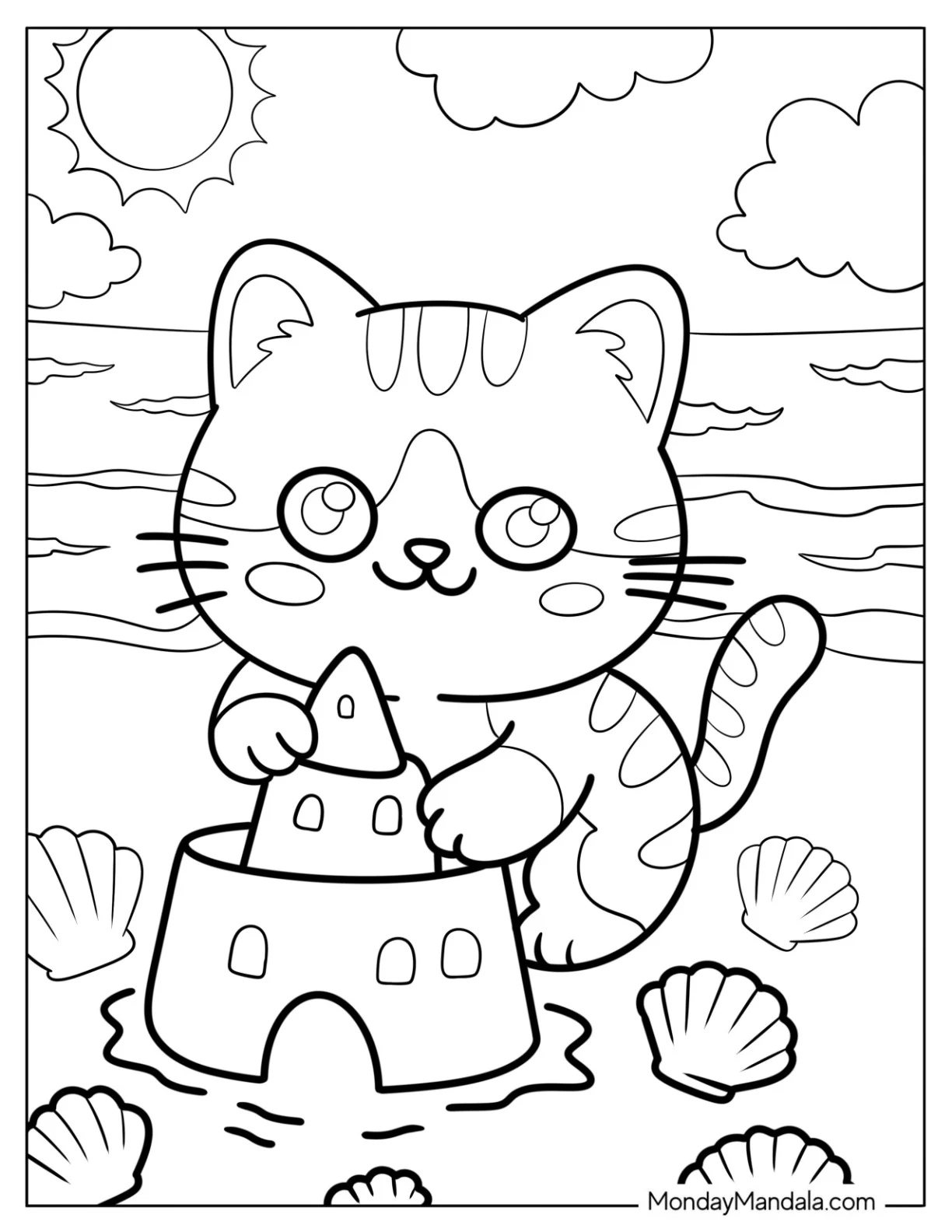 Playful Cat Coloring Page Building a Sandcastle by the Beach coloring page — printable line art