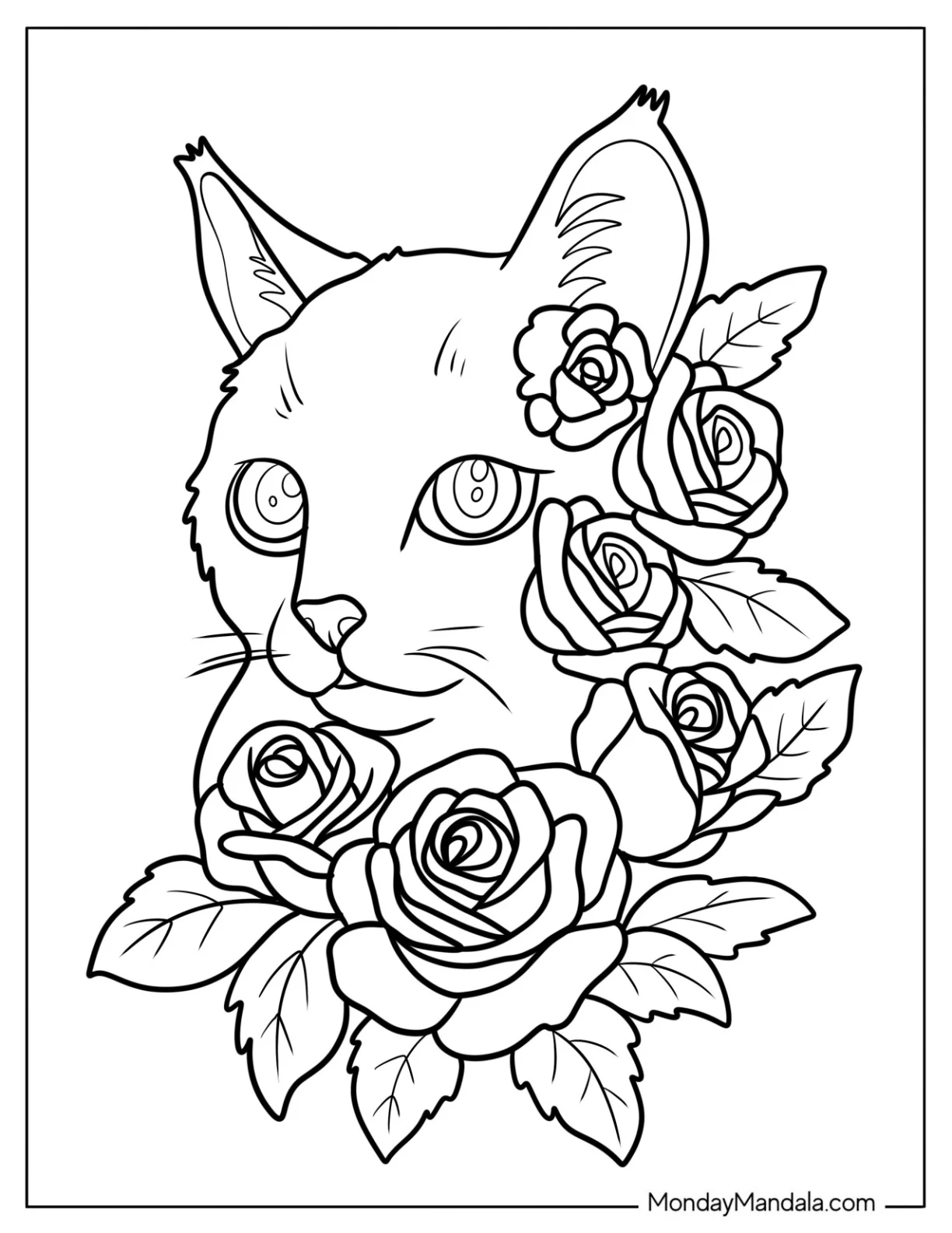 Pretty Cat Coloring Page Framed by Roses coloring page