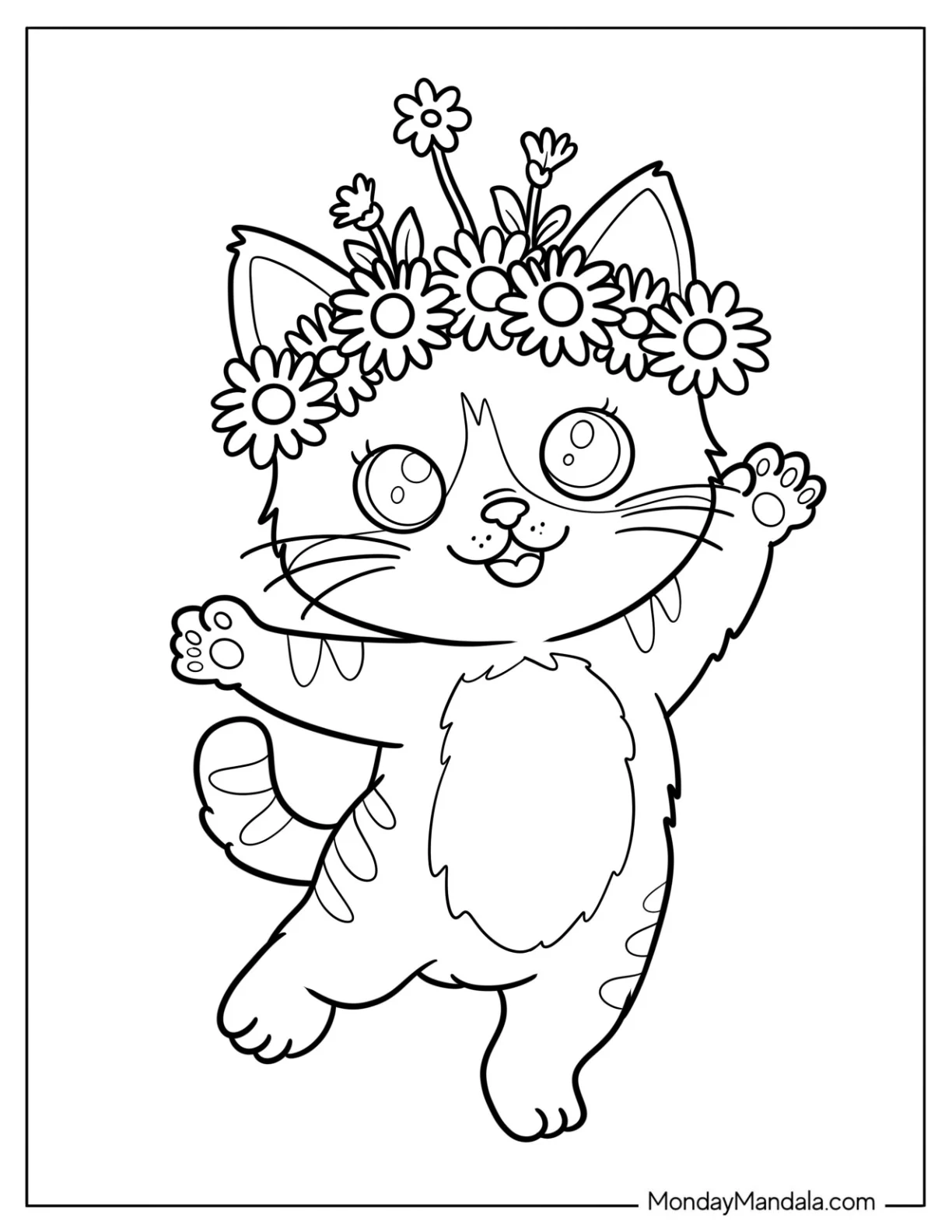 Pretty Cat Coloring Page with Flower Crown Dancing for Kids coloring page — printable line art