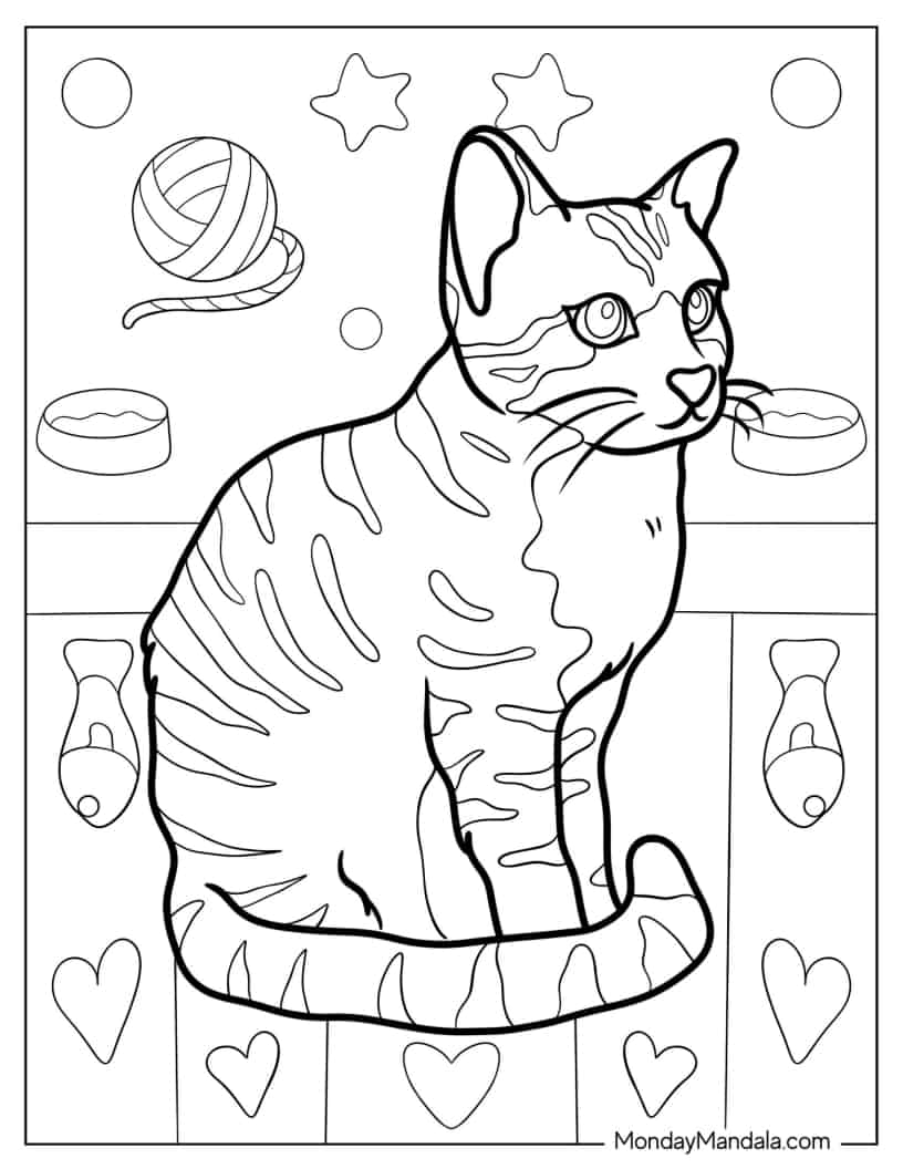 Pretty Striped Cat Sitting Coloring Sheet coloring page
