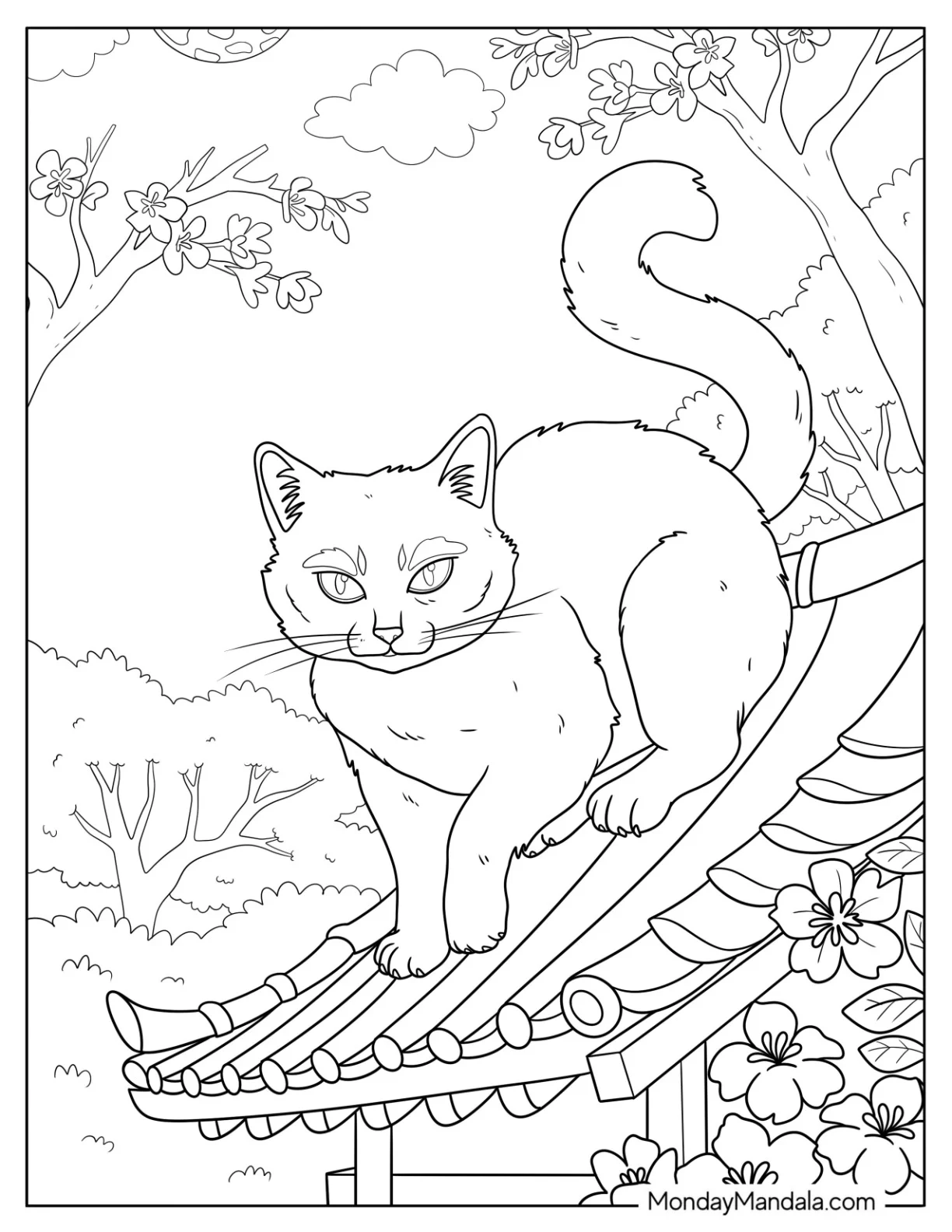 Realistic Cat Coloring Page Walking on a Rooftop with Blossoming Trees coloring page