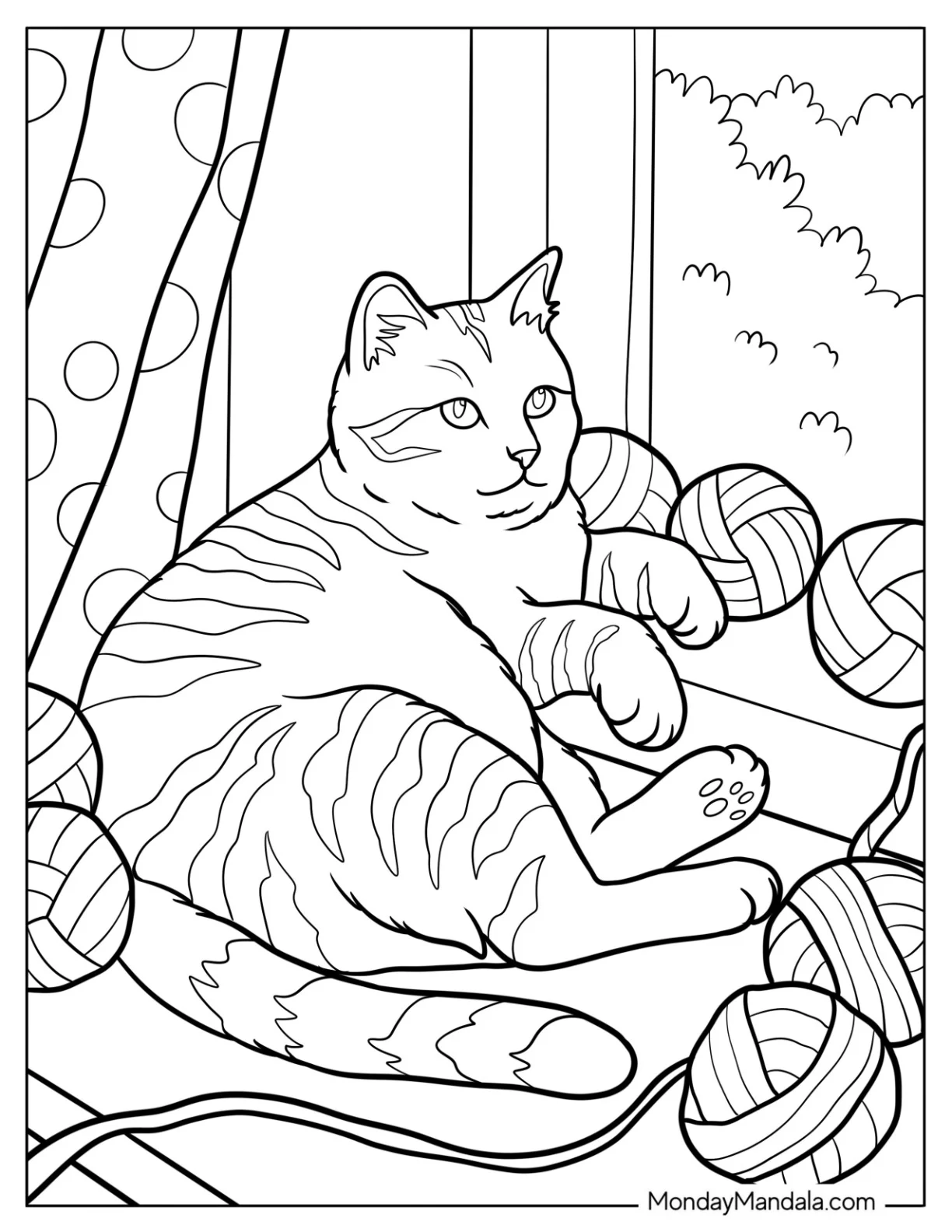 Realistic Tabby Cat Coloring Page Resting on a Window Ledge with Balls of Yarn coloring page — printable line art