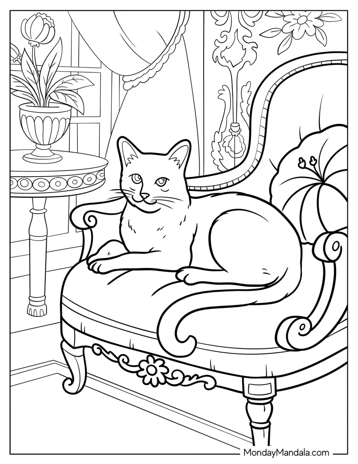 Rich Cat Coloring Page Lounging on an Armchair coloring page — printable line art