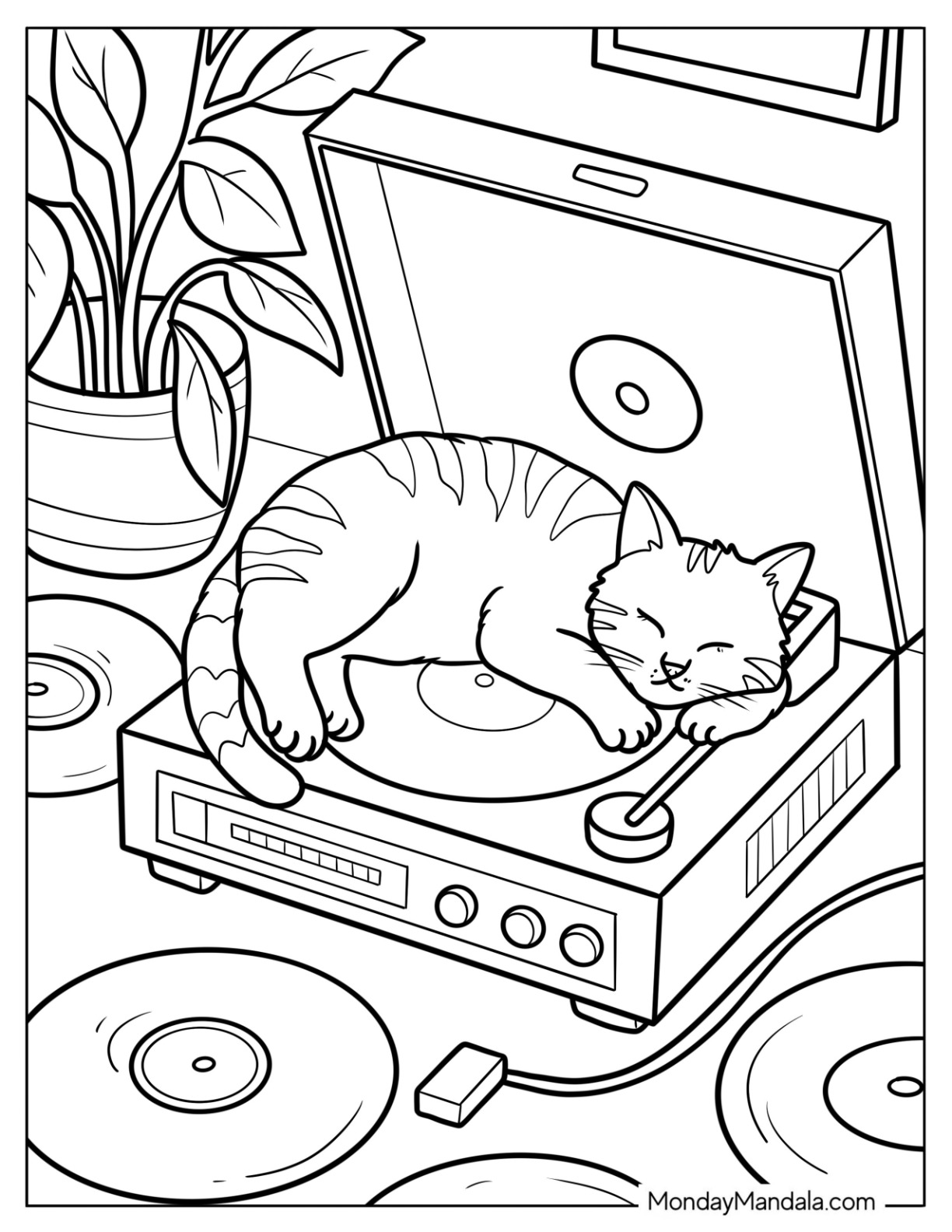 Sleepy Cat Coloring Page Lying on a Vintage Record Player coloring page