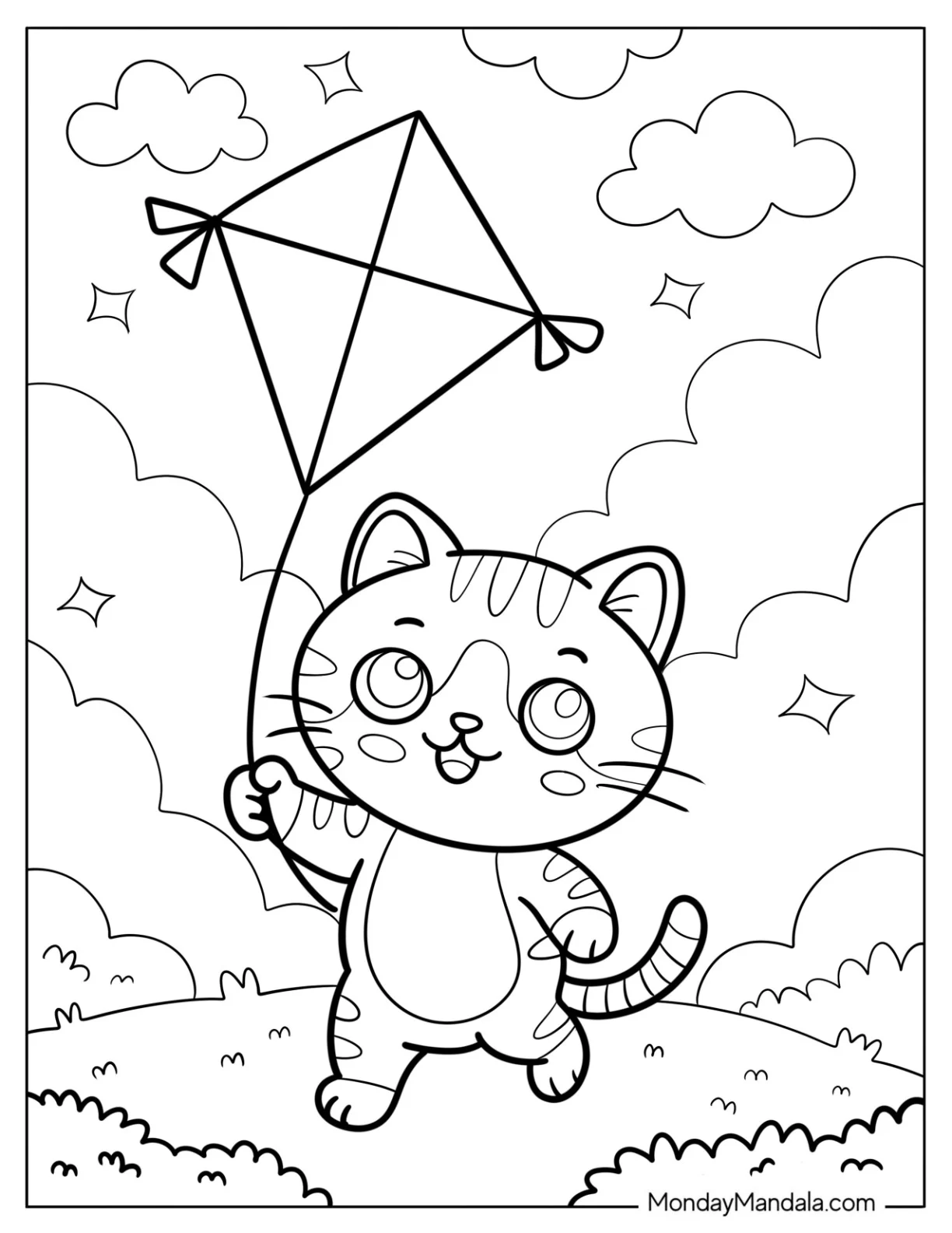 Small Cartoon Cat Coloring Page Flying a Kite in a Park for Kids coloring page — printable line art
