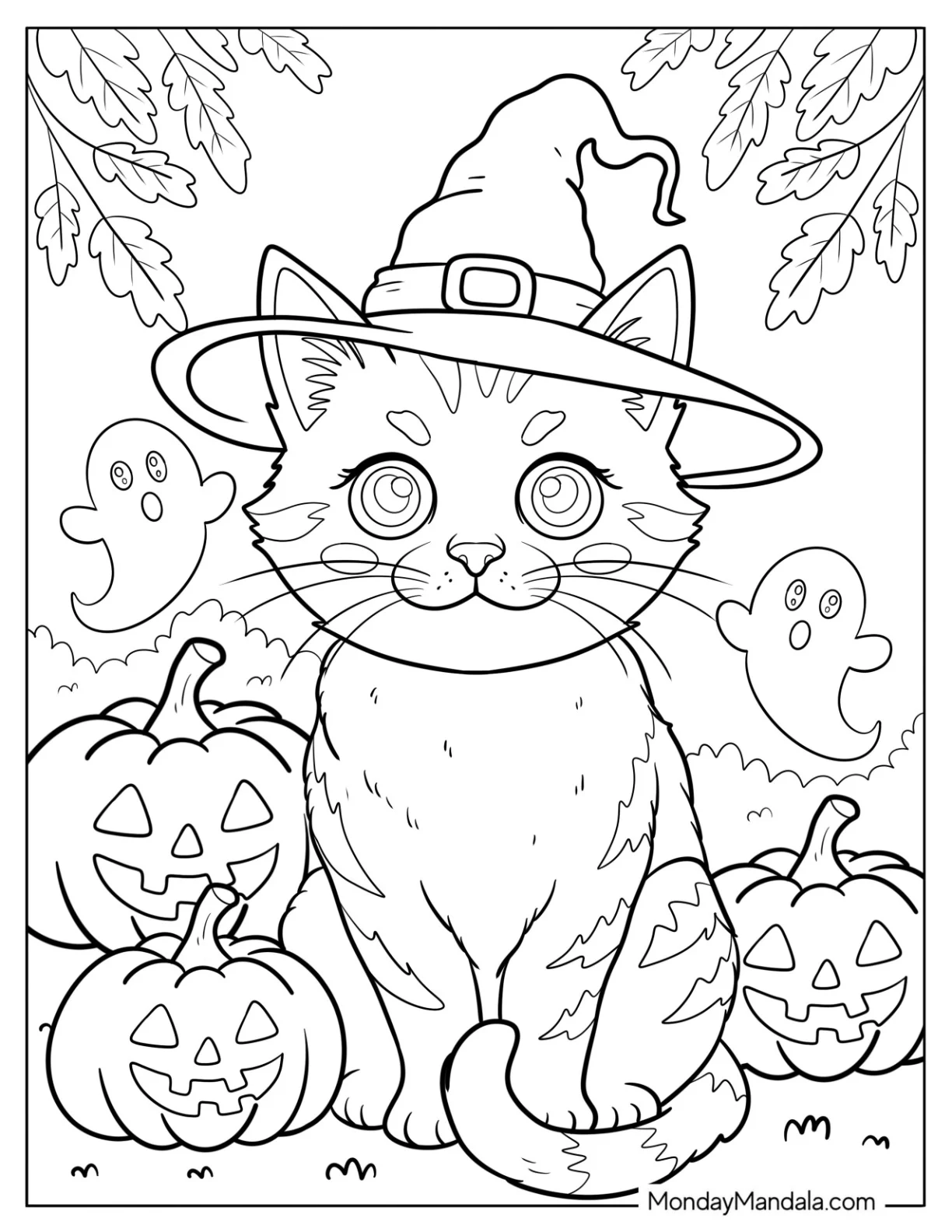 Spooky Halloween Cat Coloring Page Wearing Witch Hat with Pumpkins and Ghosts coloring page