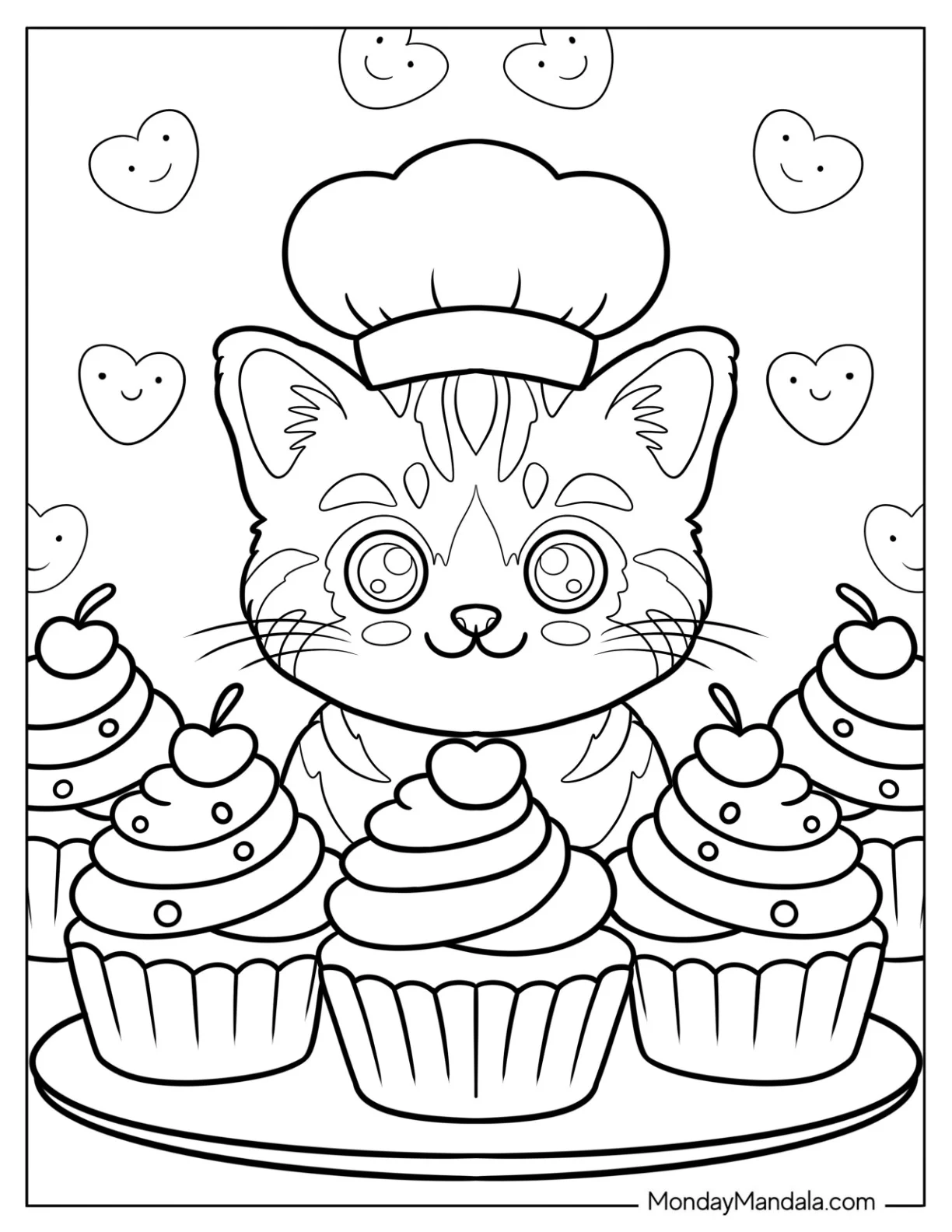Striped Tabby Cat Coloring Page Smiling at Cupcakes with Cherries on Top for Kids coloring page