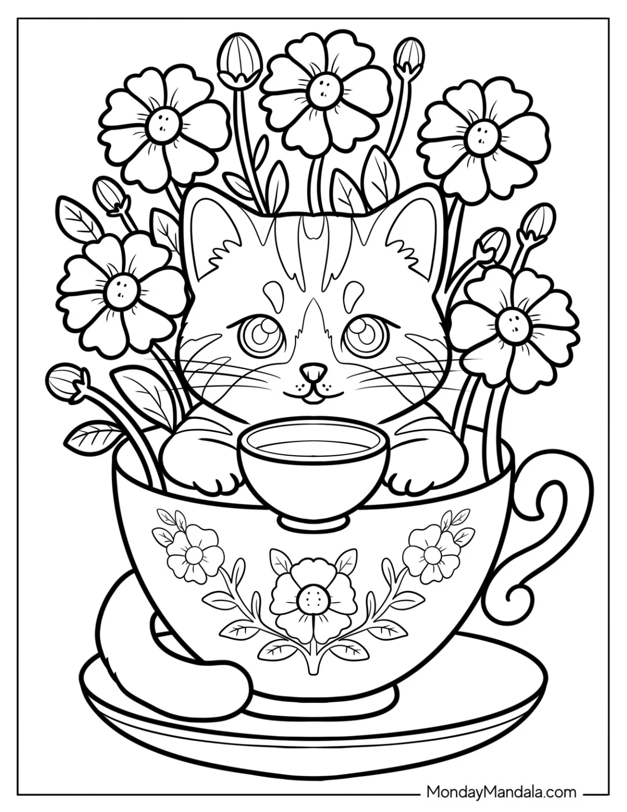 Tiny Cat Coloring Page Inside a Teacup Full of Flowers coloring page
