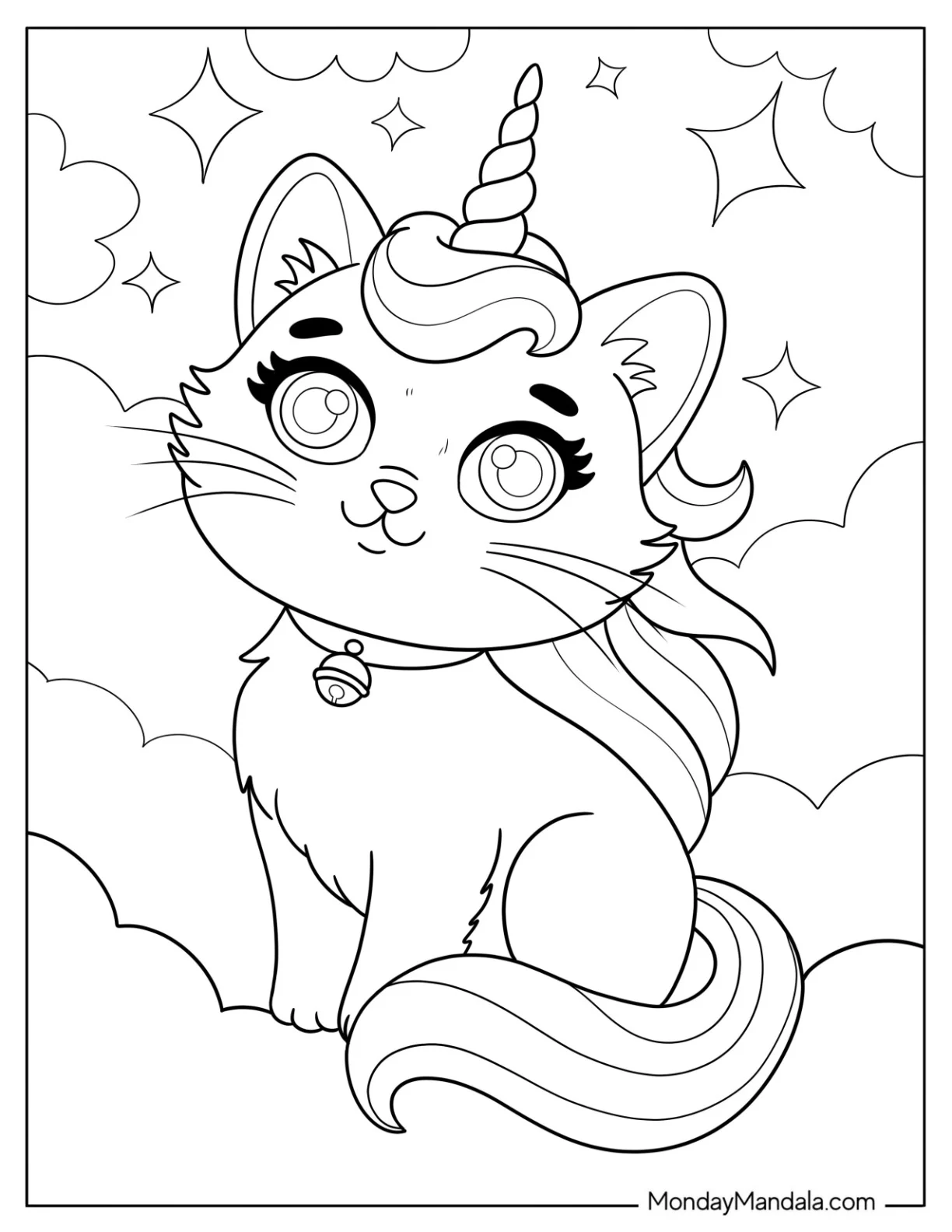 Unicorn Cat Coloring Page Sitting on Fluffy Clouds with Sparkling Stars coloring page — printable line art