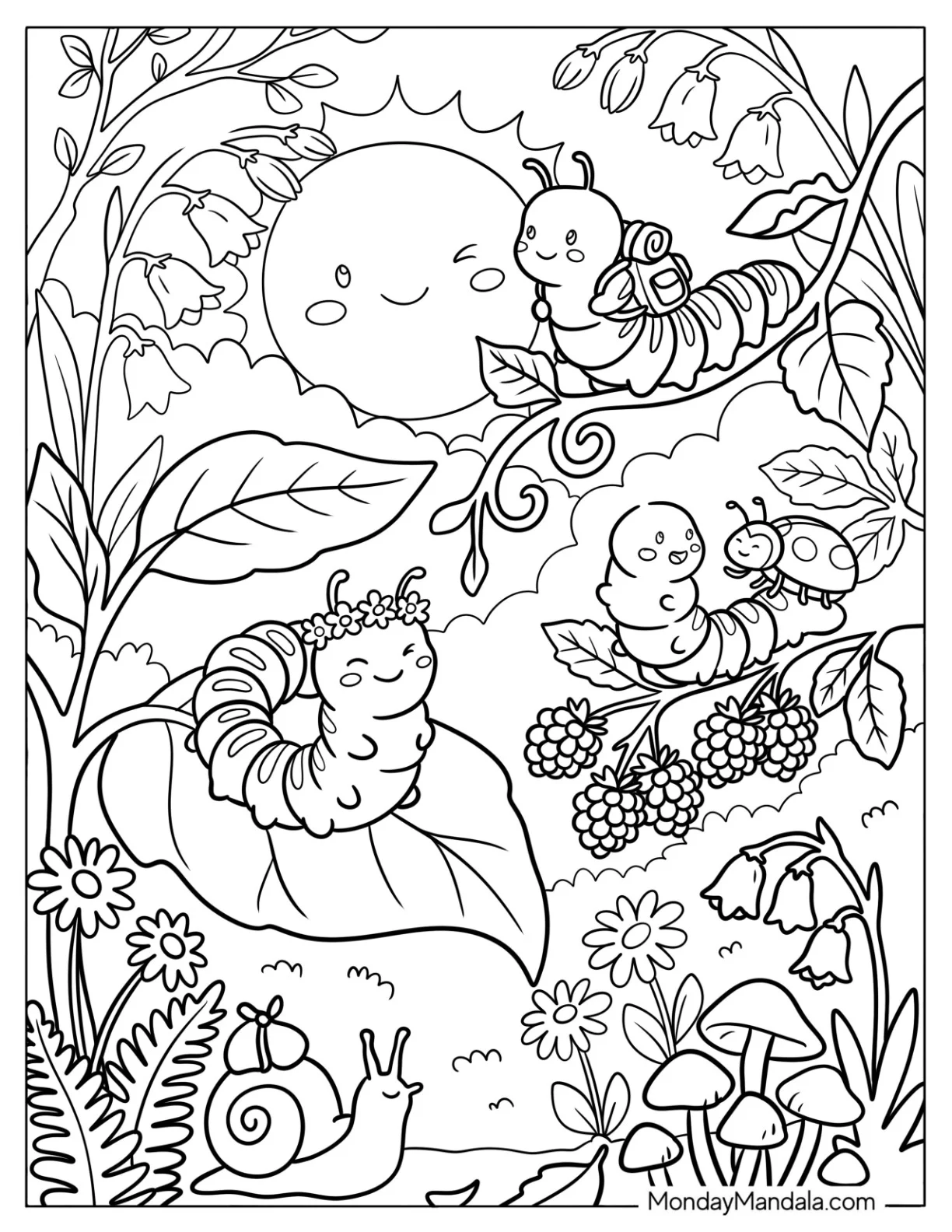 Caterpillar Coloring Page and Insect Friends in a Sunny Garden coloring page