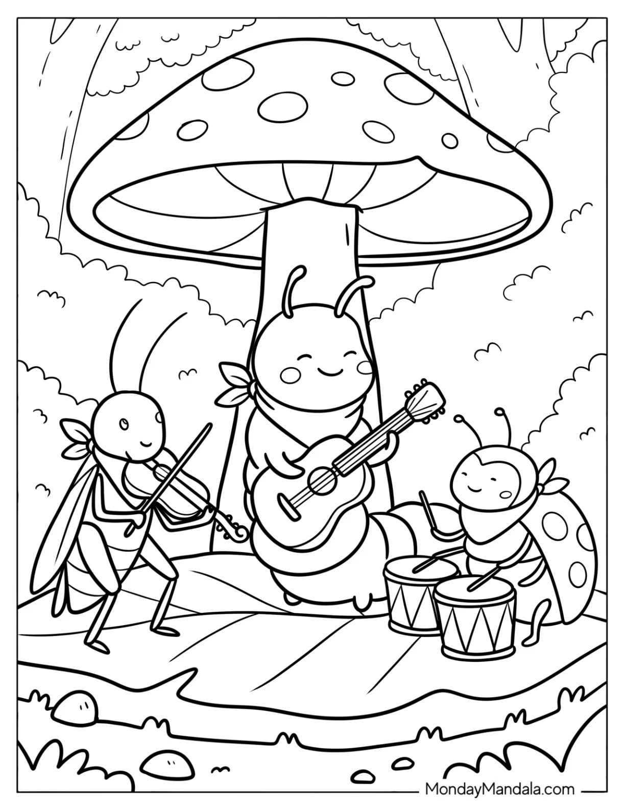 Caterpillar Coloring Page Band Playing Music under a Mushroom coloring page