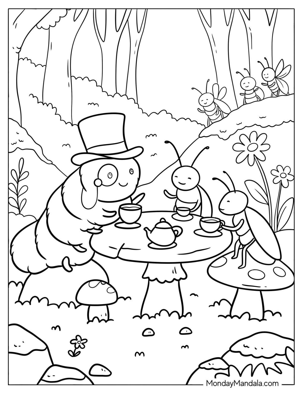 Caterpillar Coloring Page Having Tea with Insect Friends in the Forest coloring page — printable line art