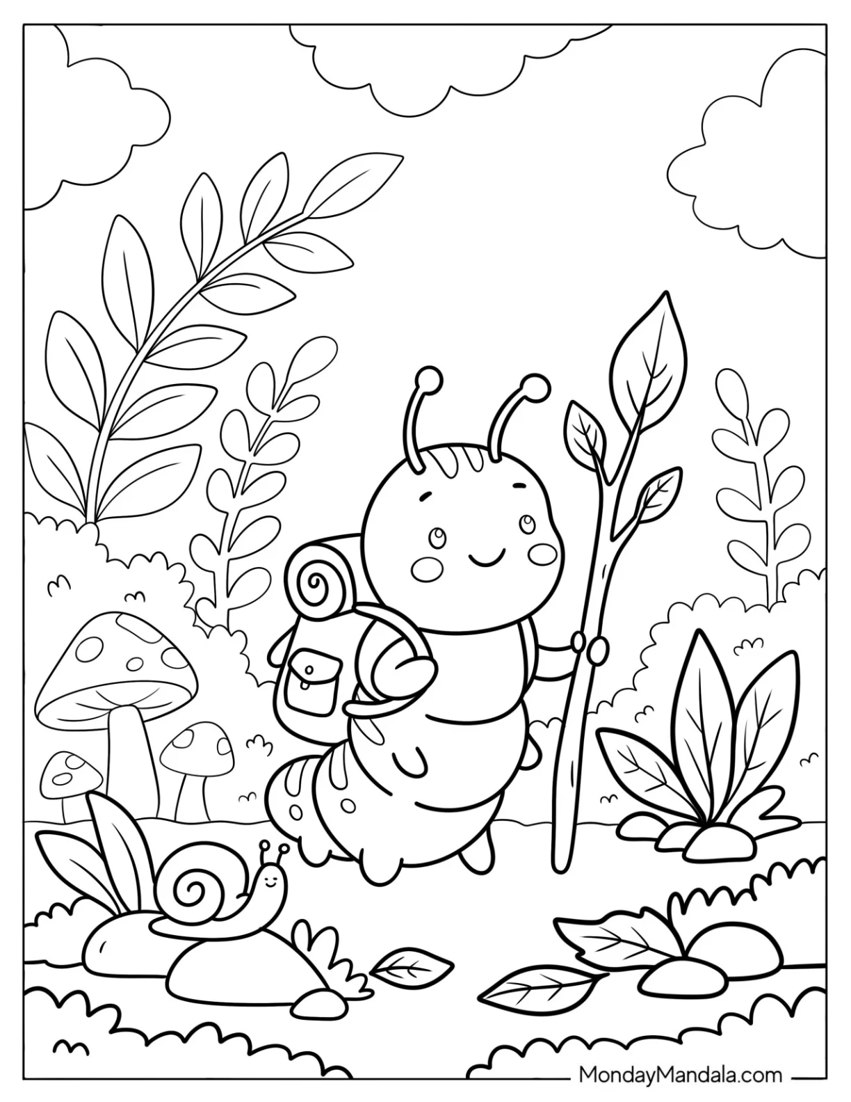 Caterpillar Coloring Page Hiking in the Forest with a Backpack and Walking Stick coloring page