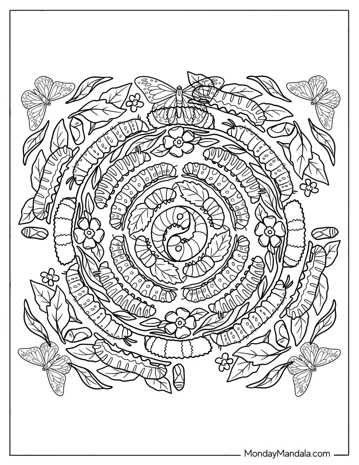 Caterpillar Coloring Page Life Cycle Mandala with Leaves and Butterflies coloring page